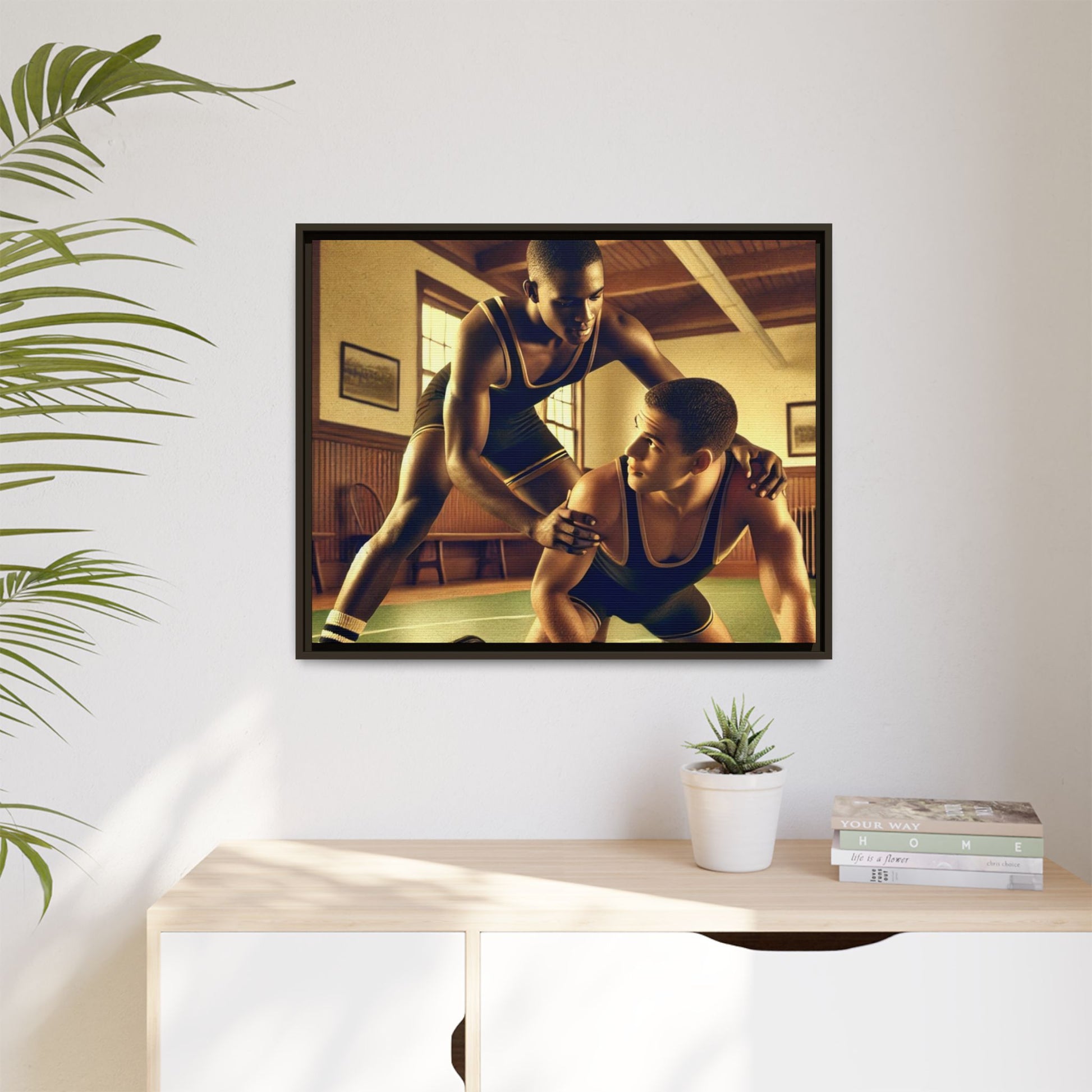 Framed canvas artwork inspired by Grant Wood featuring African-American and European-American wrestlers in a vintage gymnasium. A tribute to unity, diversity, and regionalist art.