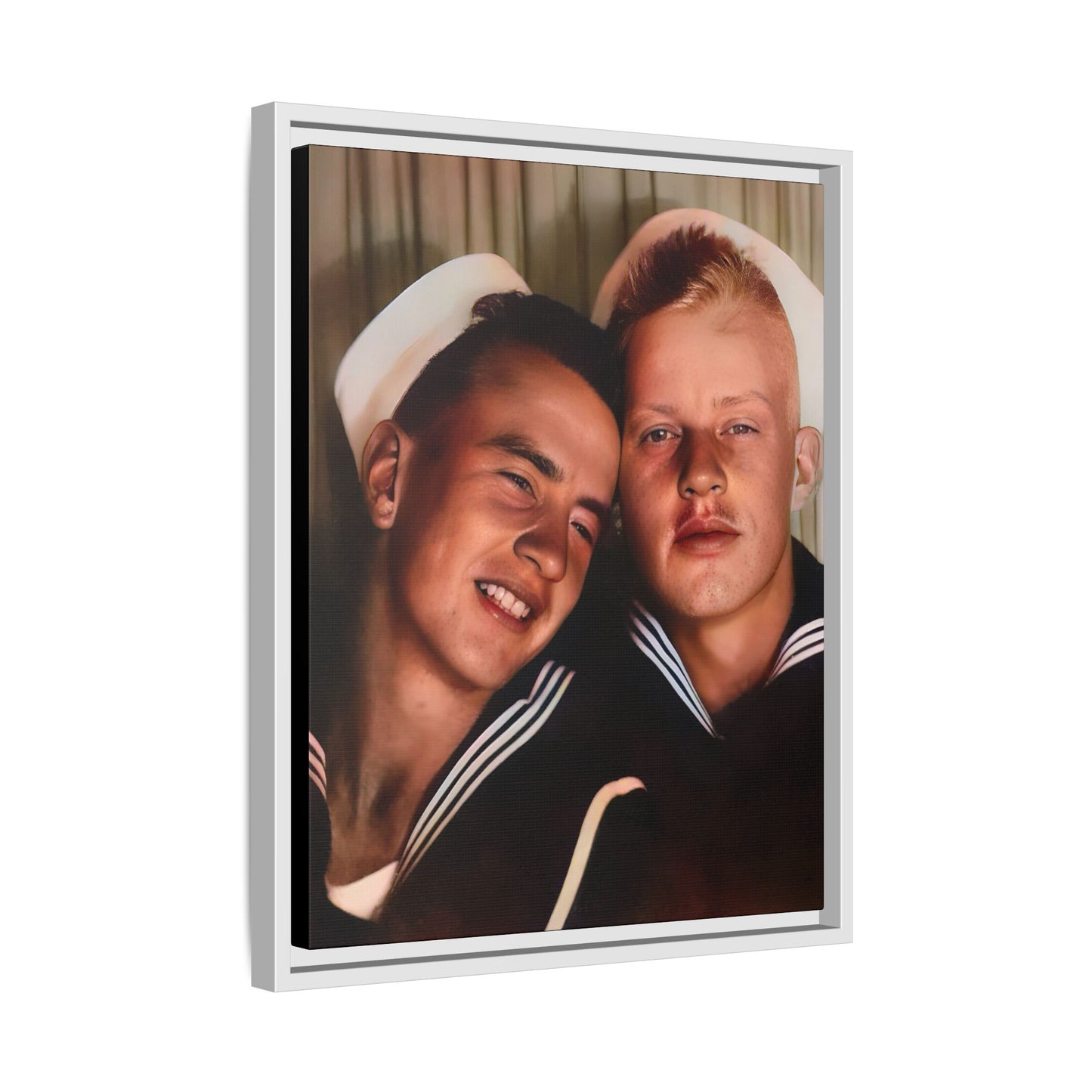 A framed vintage sailor portrait on matte canvas featuring Ray and Clyde in Newport, Rhode Island, capturing timeless LGBTQ+ love and companionship. Gay Couple Photo Booth