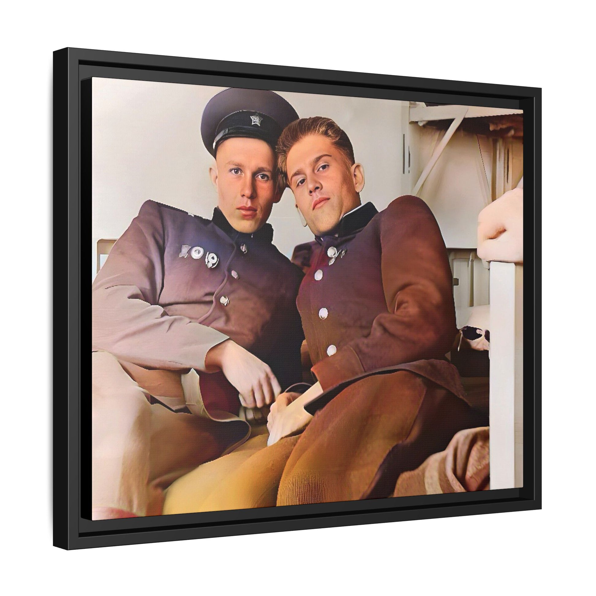 A restored vintage photograph of two Russian soldiers in uniform, seated together in their quarters in Volgograd, Russia. Their relaxed postures and warm expressions capture a moment of camaraderie, resilience, and military history. A powerful tribute to LGBTQ+ representation in the armed forces. Gay Couple Винтажное фото  гей-пара
