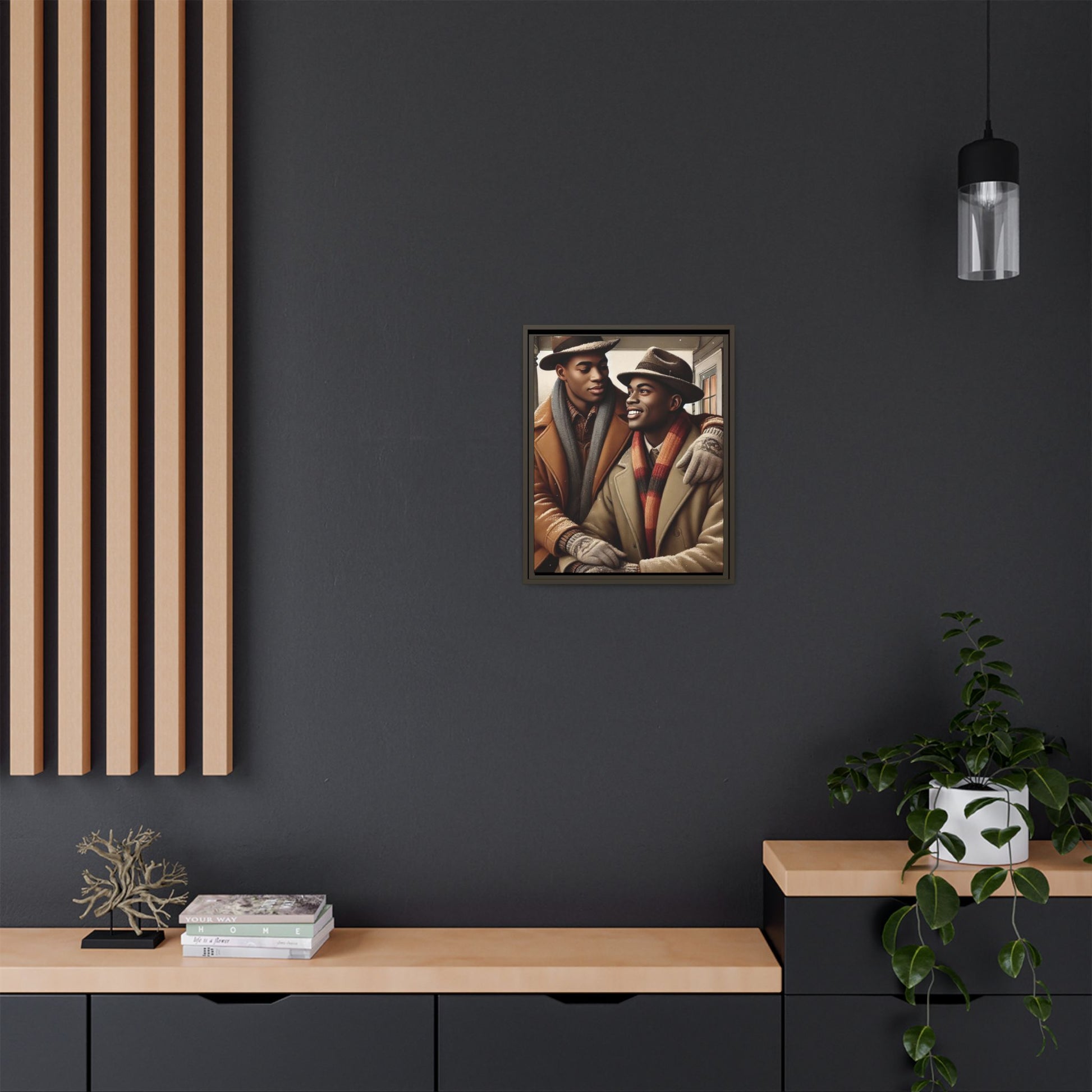 Artwork of an African-American gay couple sharing a cozy winter moment on a porch. Dressed in vintage winter attire with fedoras, scarves, and warm coats, they exchange affectionate gazes amidst softly falling snow, capturing love, warmth, and intimacy in a nostalgic winter setting.