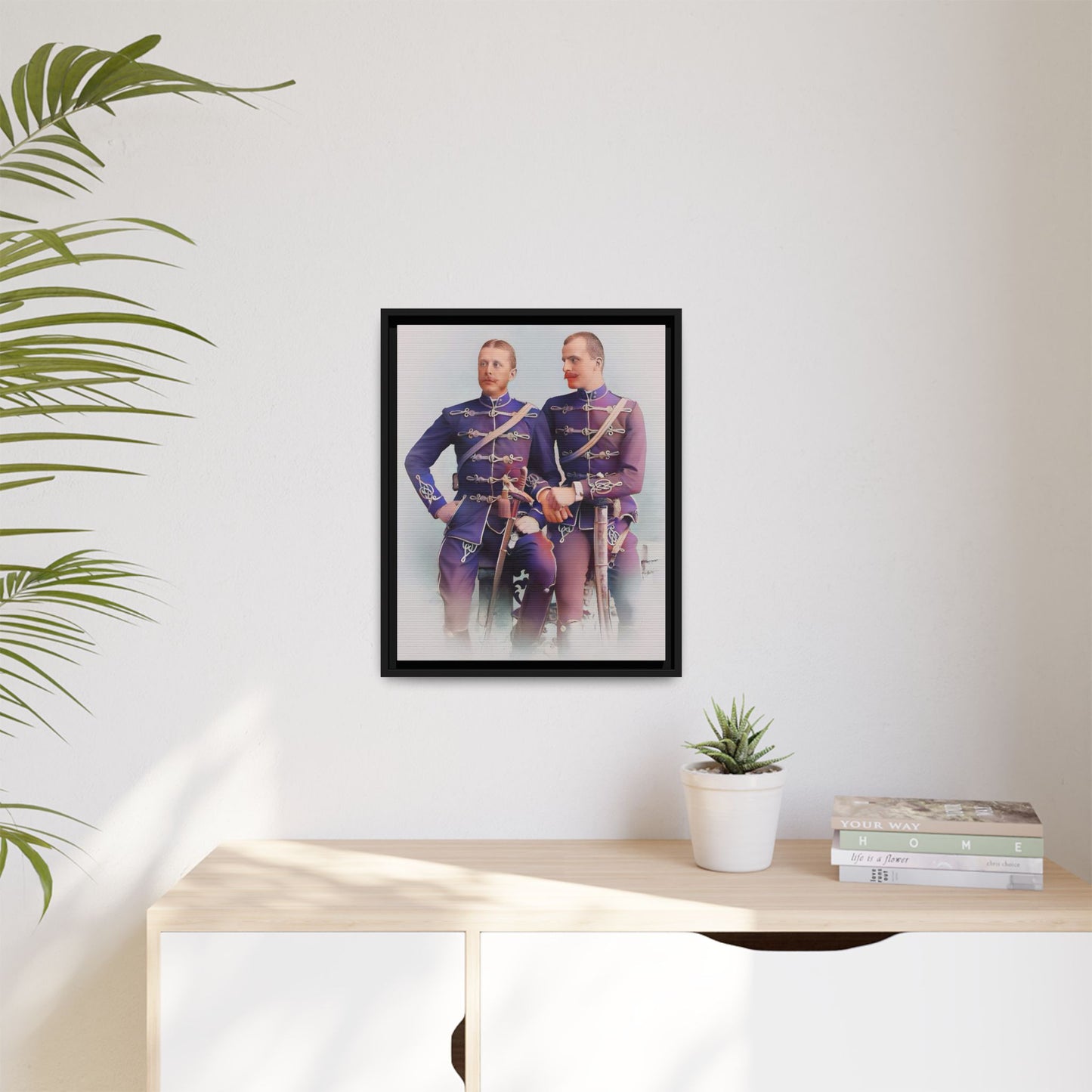 A restored vintage military portrait of Nicolae & Valeriu, elegantly framed to honor LGBTQ+ history and love.
