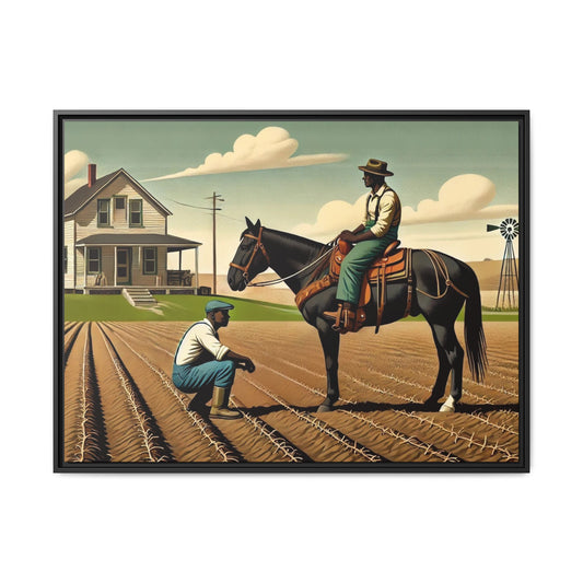 Artwork of an African American queer couple working together on a farm in a serene, vintage-inspired landscape. One man sits on horseback, gazing warmly at his partner, who examines the soil, symbolizing their partnership in both love and labor. The scene captures resilience, companionship, and the beauty of rural life.