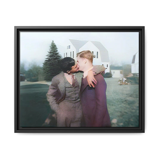 A vintage LGBTQ+ portrait of Milton & Shawn in Londonderry, NH. This framed matte canvas captures a timeless moment of love and resilience, making it a perfect piece for collectors, history enthusiasts, and those celebrating love in all forms. Gay Couple Art