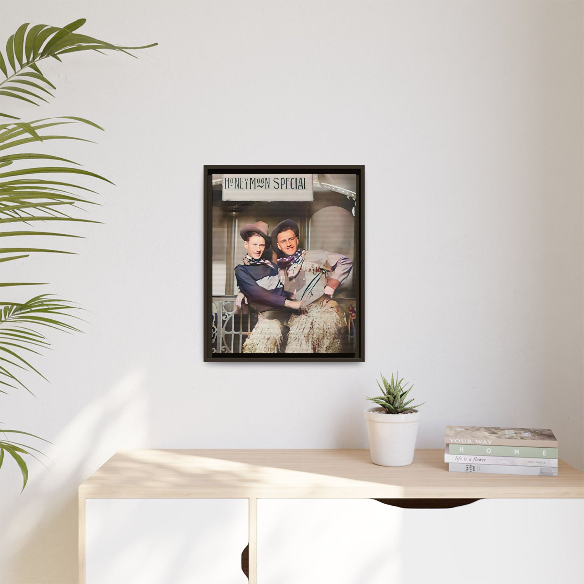 Vintage portrait of Harry & Earl in whimsical cowboy attire under the "Honeymoon Special" sign, set in 1920s San Antonio. Framed matte canvas art celebrating LGBTQ+ love and rustic Americana charm. Perfect for history enthusiasts and rustic decor lovers. Gay Marriage Wedding Gift