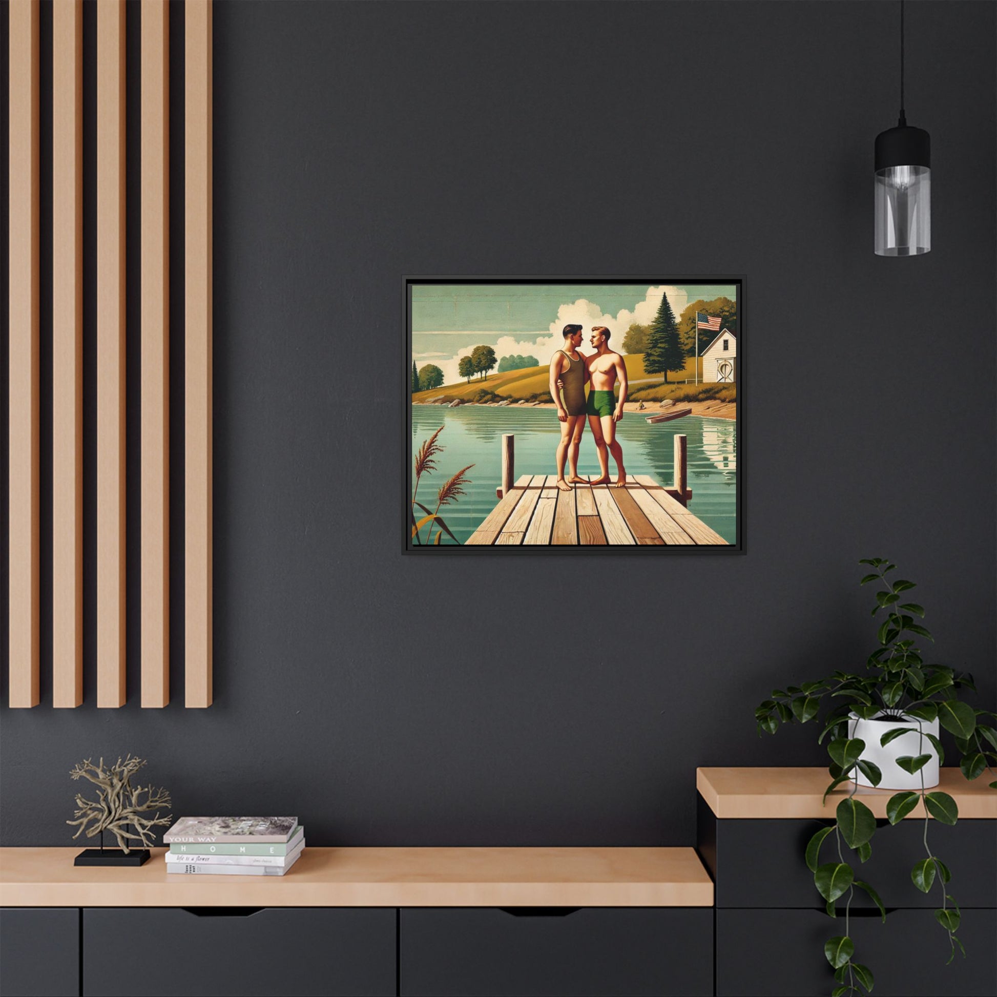 Framed artwork of a gay couple sharing a tender moment on a wooden dock by a peaceful lake, dressed in vintage swimwear. Set against rolling hills and a lakeside cabin, this nostalgic scene honors LGBTQ+ love in a serene Midwestern summer setting.