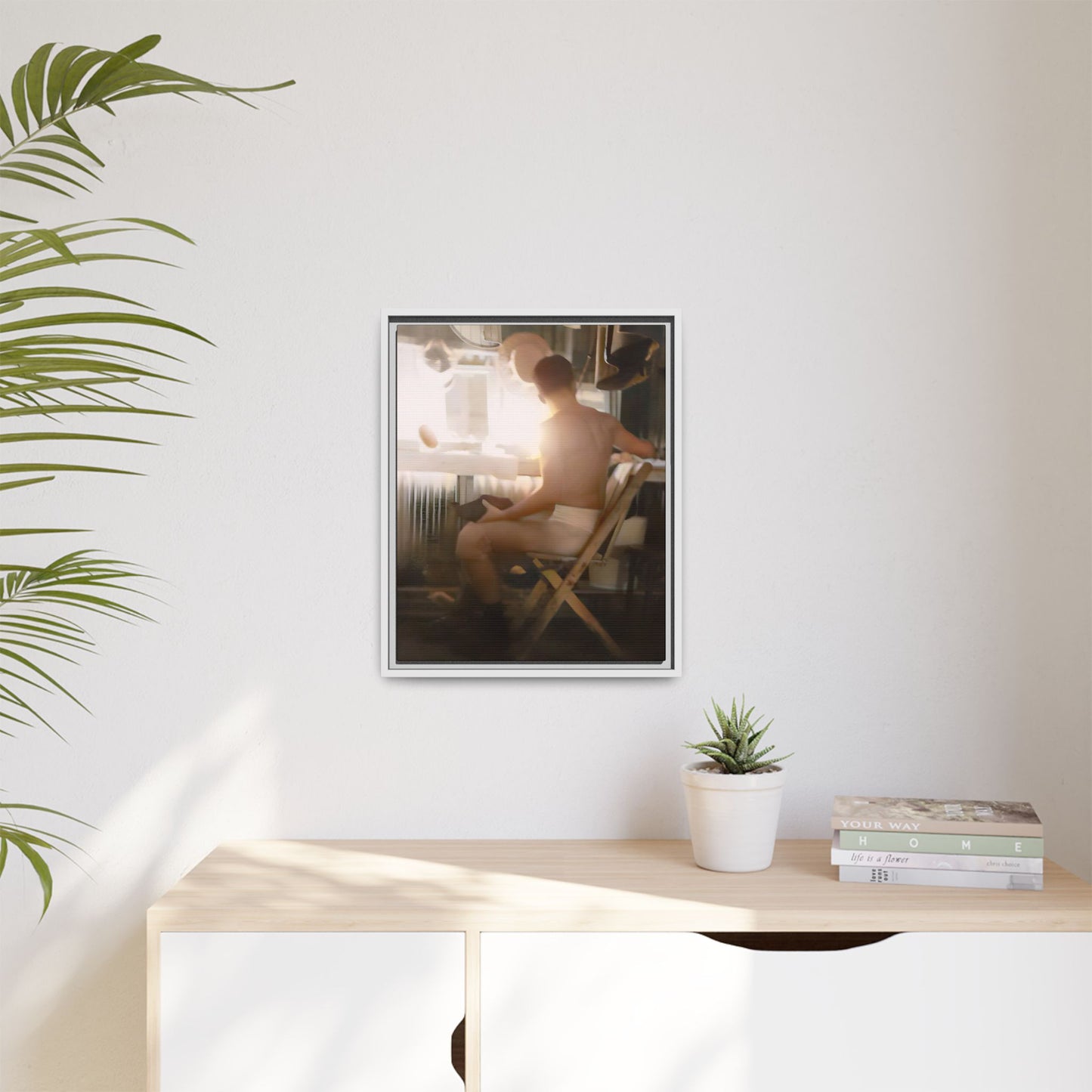 A vintage Hollywood portrait of Hugh in a backstage dressing room. This framed canvas print captures the elegance and mystique of old Hollywood, making it the perfect cinematic decor for film lovers and vintage photography collectors.