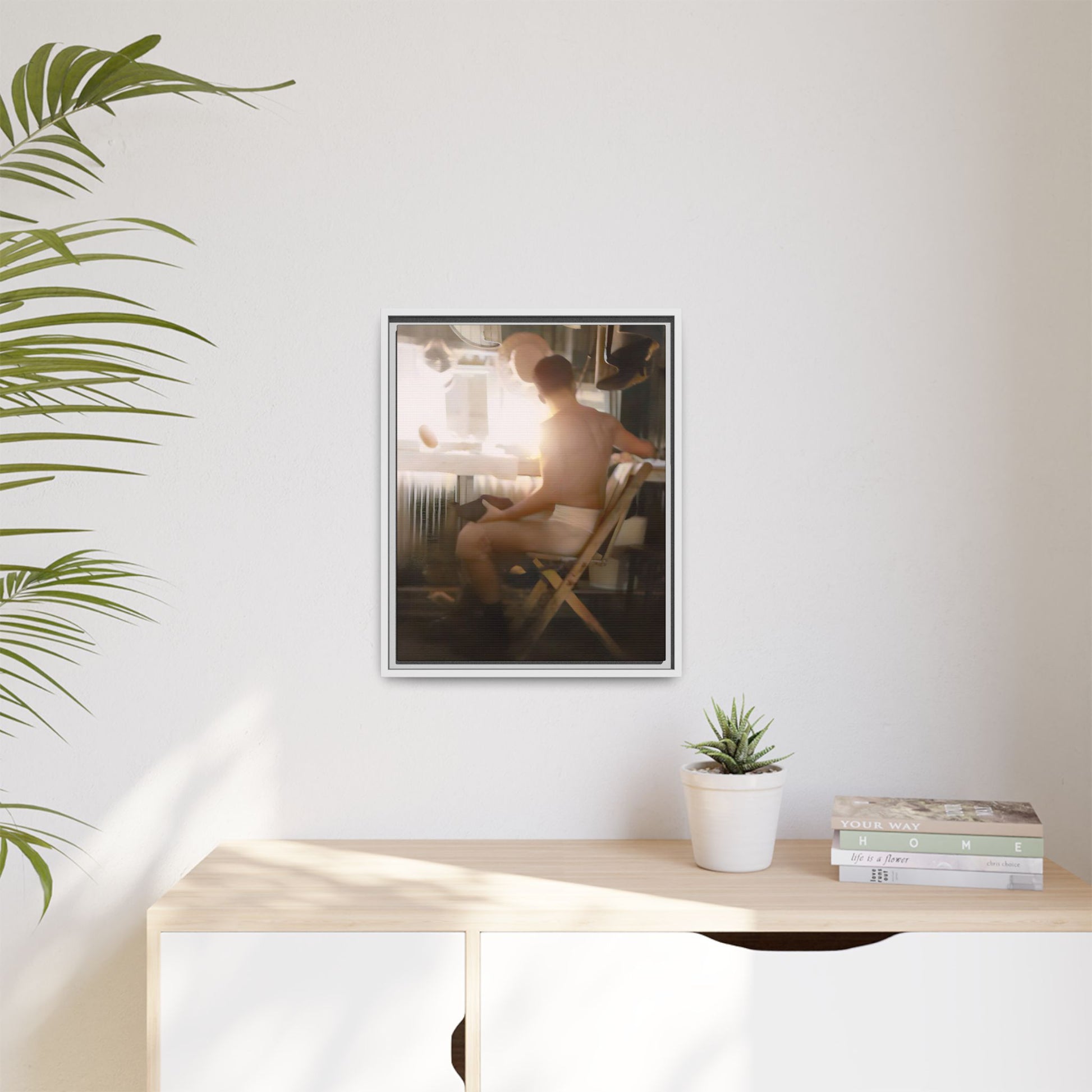 A vintage Hollywood portrait of Hugh in a backstage dressing room. This framed canvas print captures the elegance and mystique of old Hollywood, making it the perfect cinematic decor for film lovers and vintage photography collectors.
