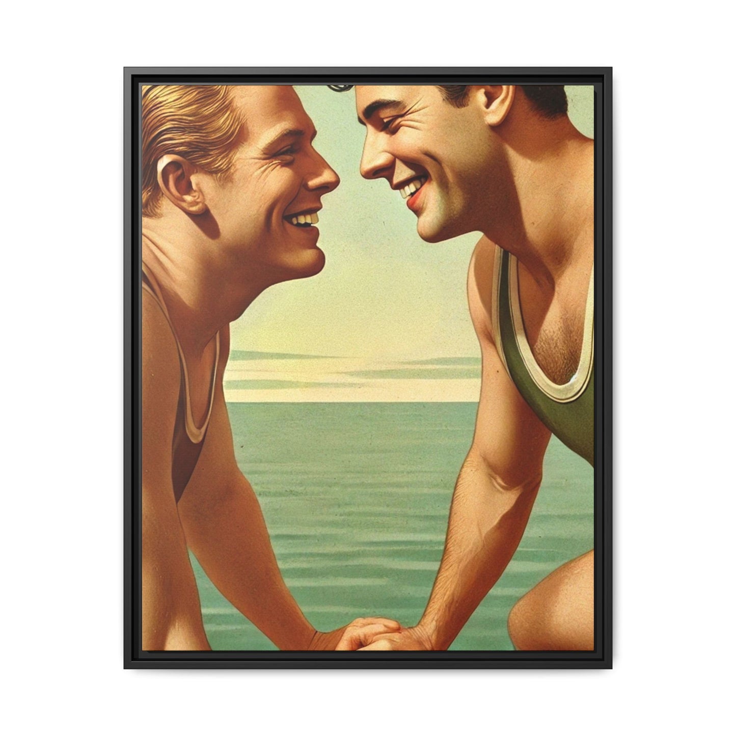 Vintage-style artwork of a joyful 1930s moment between a gay couple by the lake, dressed in classic swimwear and sharing warm smiles. Set on a serene wooden dock, this piece captures love, companionship, and LGBTQ+ history in an idyllic, nostalgic summer setting.