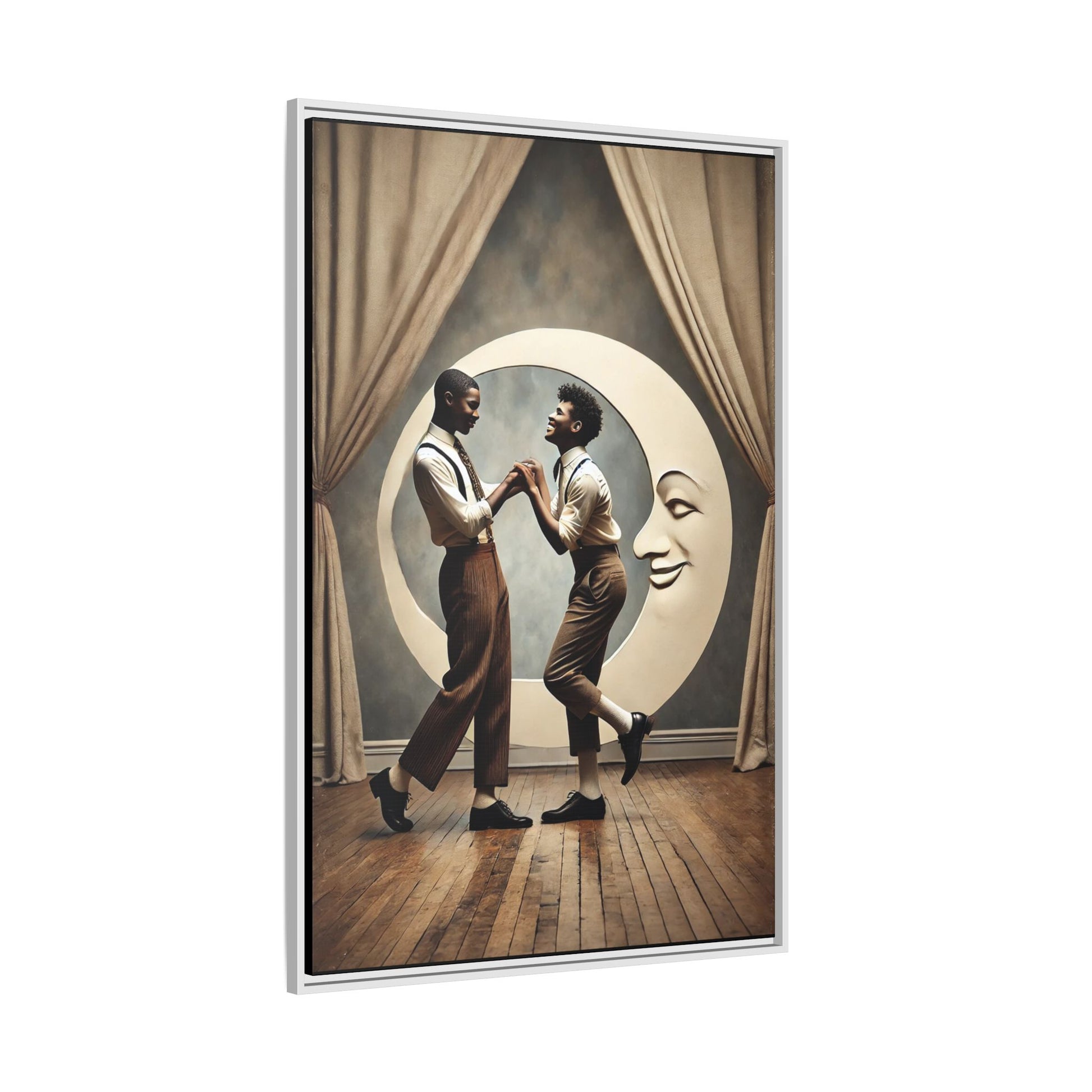 Two joyful young Black men dressed in 1920s fashion dancing in front of a crescent moon prop with a smiling face. This artwork reclaims erased queer love, offering a whimsical and powerful celebration of Black LGBTQ+ youth and history.