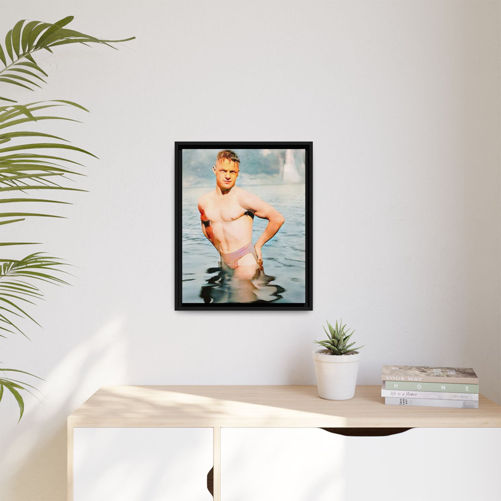 Restored 1940s vintage photo of Lewis standing waist-deep in Lake Wawasee, Indiana, radiating confidence and vitality, framed as wall art.