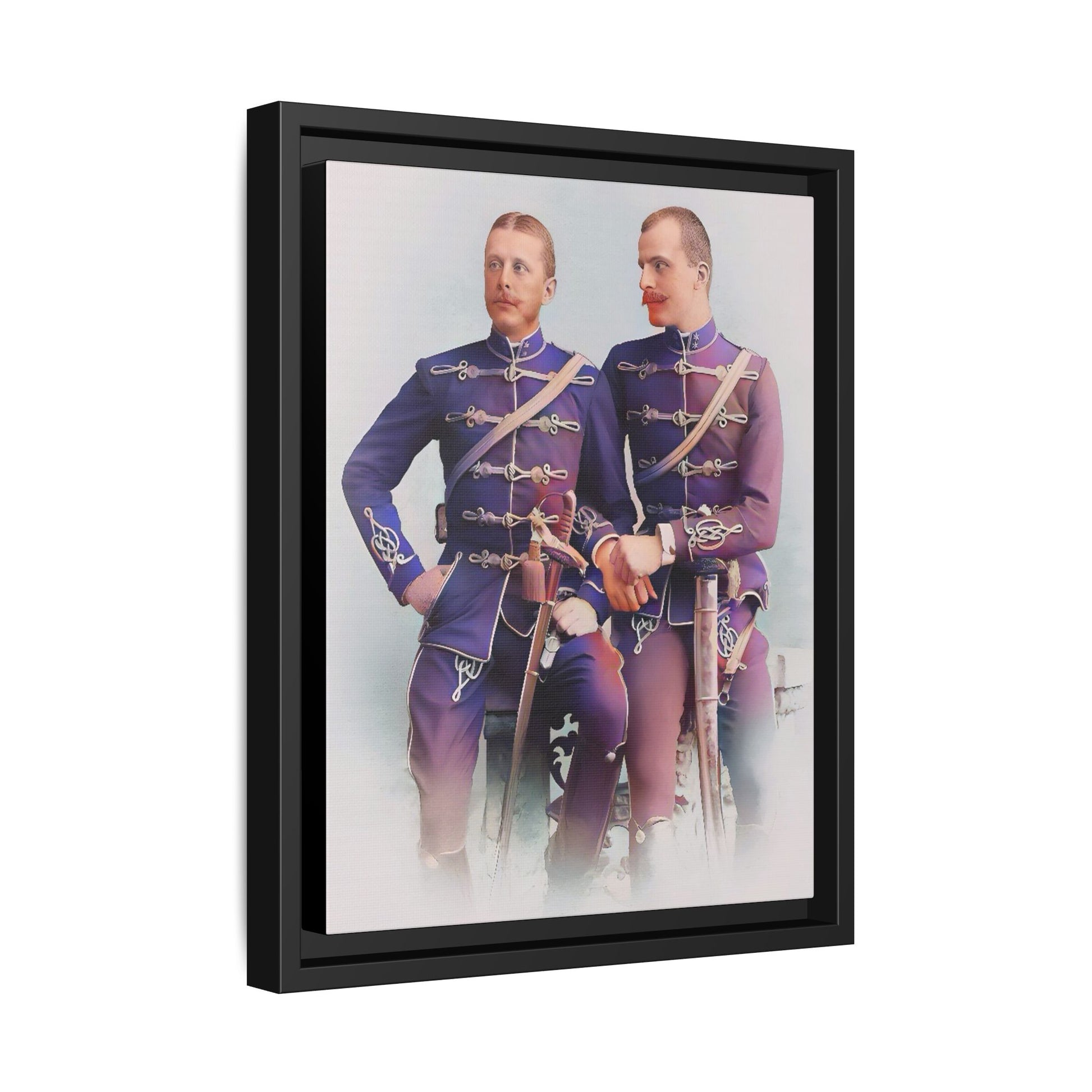 A restored vintage military portrait of Nicolae & Valeriu, elegantly framed to honor LGBTQ+ history and love.