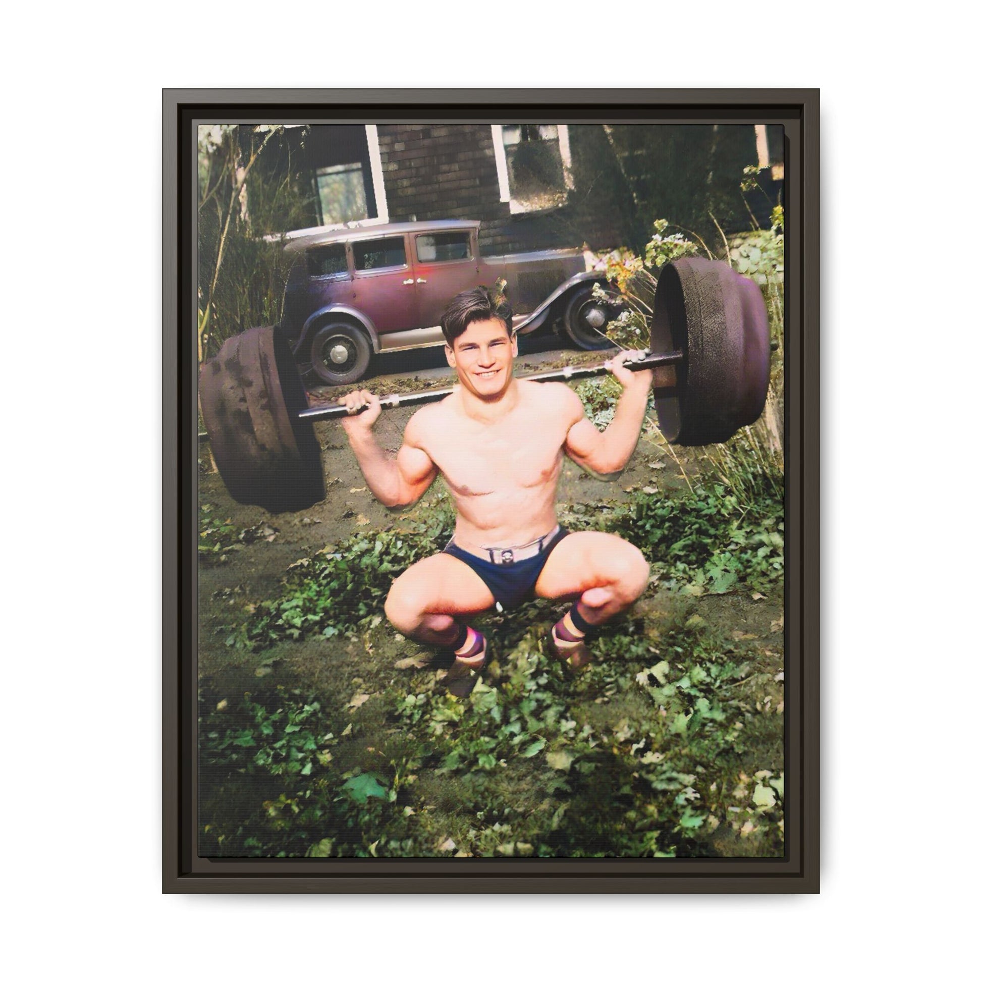 A restored 1934 vintage portrait of Wayne in Lake Forest, Illinois. This framed matte canvas captures strength, charm, and small-town American heritage. Gay Body Builder
