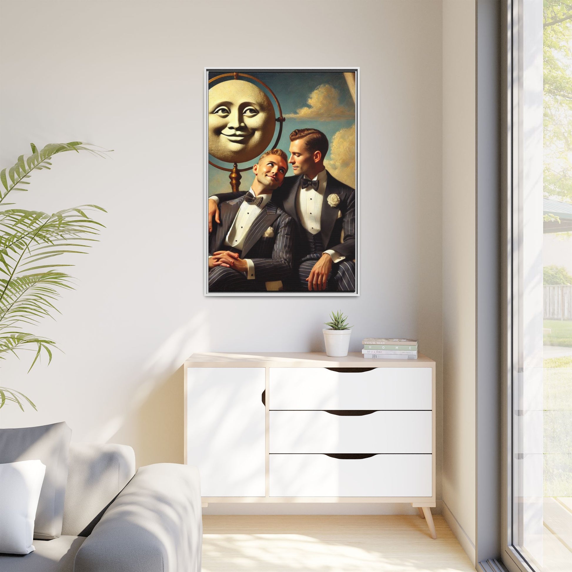 Framed matte canvas portrait featuring two young men in vintage overalls with a crescent moon prop above them. This artwork from the Missing Art Studies series reclaims LGBTQ+ imagery that may have been lost to bias, presenting warmth, intimacy, and presence.