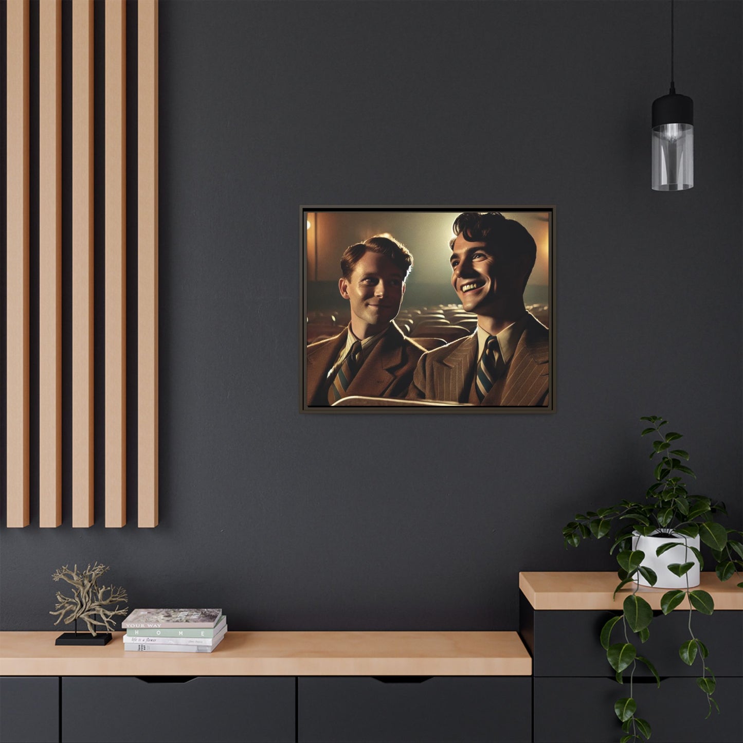 Vintage-style photo of two young men sharing an intimate moment on a date in a 1930s movie theater. Dressed in classic pinstripe suits, their smiles and close connection evoke the warmth and charm of the era, celebrating LGBTQ+ history and timeless romance.