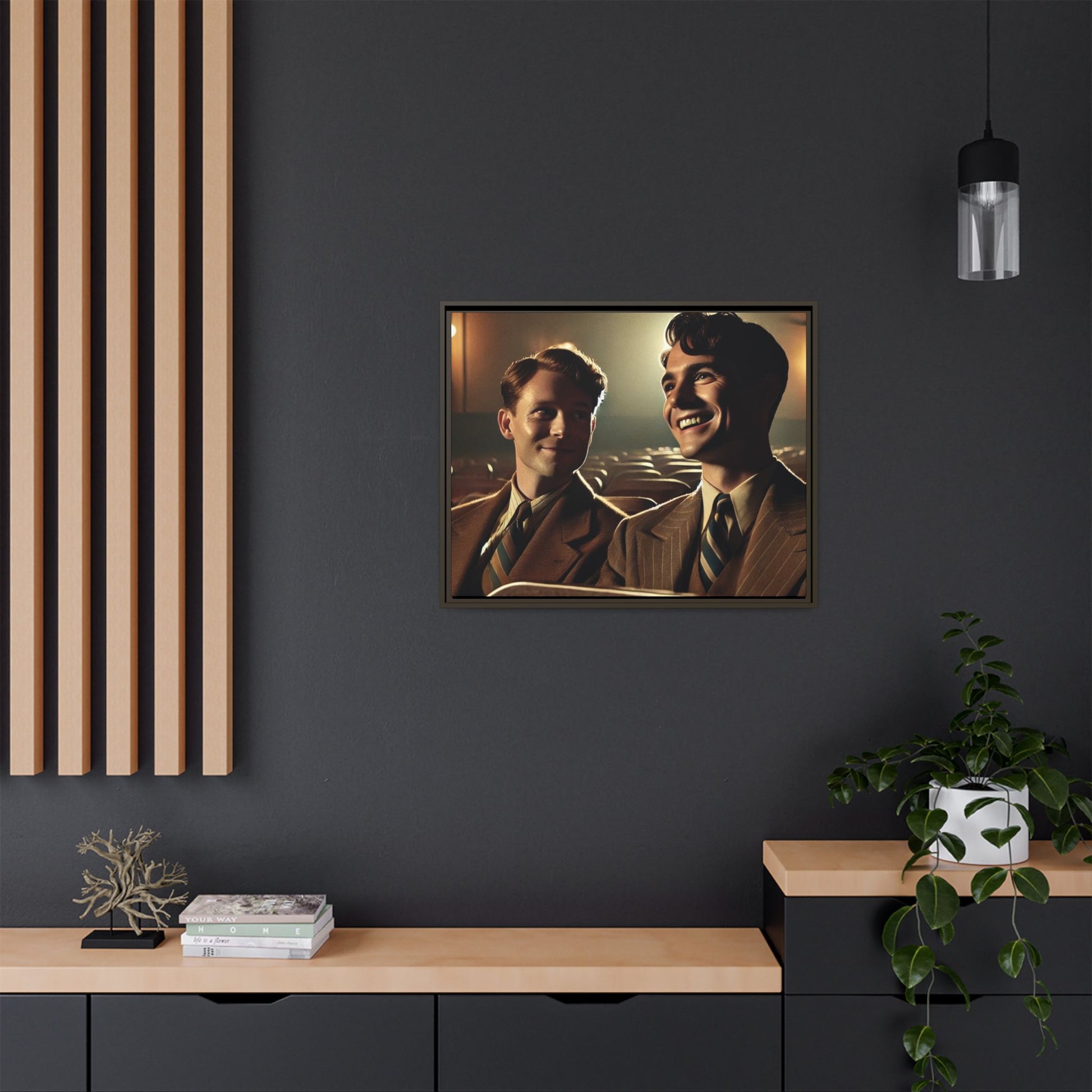 Vintage-style photo of two young men sharing an intimate moment on a date in a 1930s movie theater. Dressed in classic pinstripe suits, their smiles and close connection evoke the warmth and charm of the era, celebrating LGBTQ+ history and timeless romance.