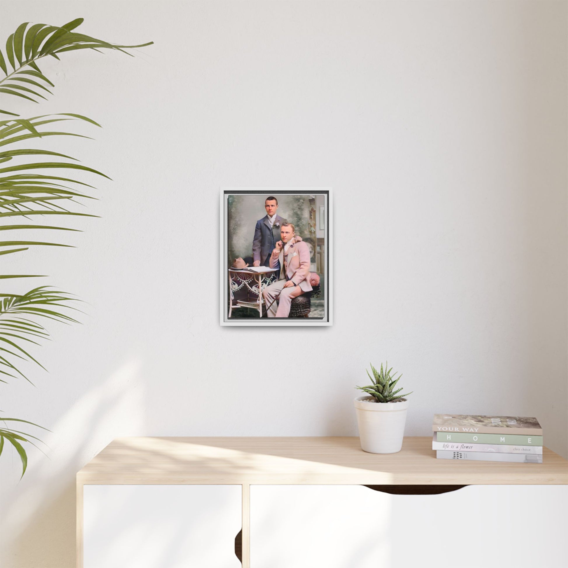 Restored early 1900s photo of Walt and Dewey in tailored suits, posed elegantly in Kansas City, celebrating LGBTQ+ love and resilience, framed as wall art. Gay Coup