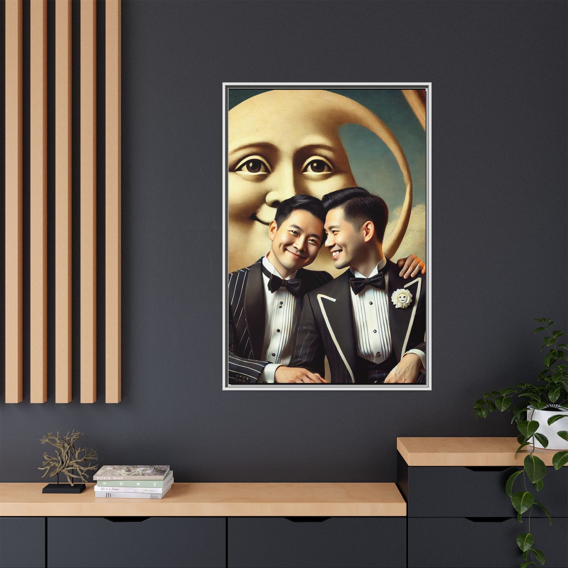 Framed matte canvas featuring a joyful queer Asian couple in tuxedos standing beneath a crescent moon. This artwork, part of the Missing Art Studies series, reimagines erased queer histories with warmth, dignity, and vintage-inspired style.