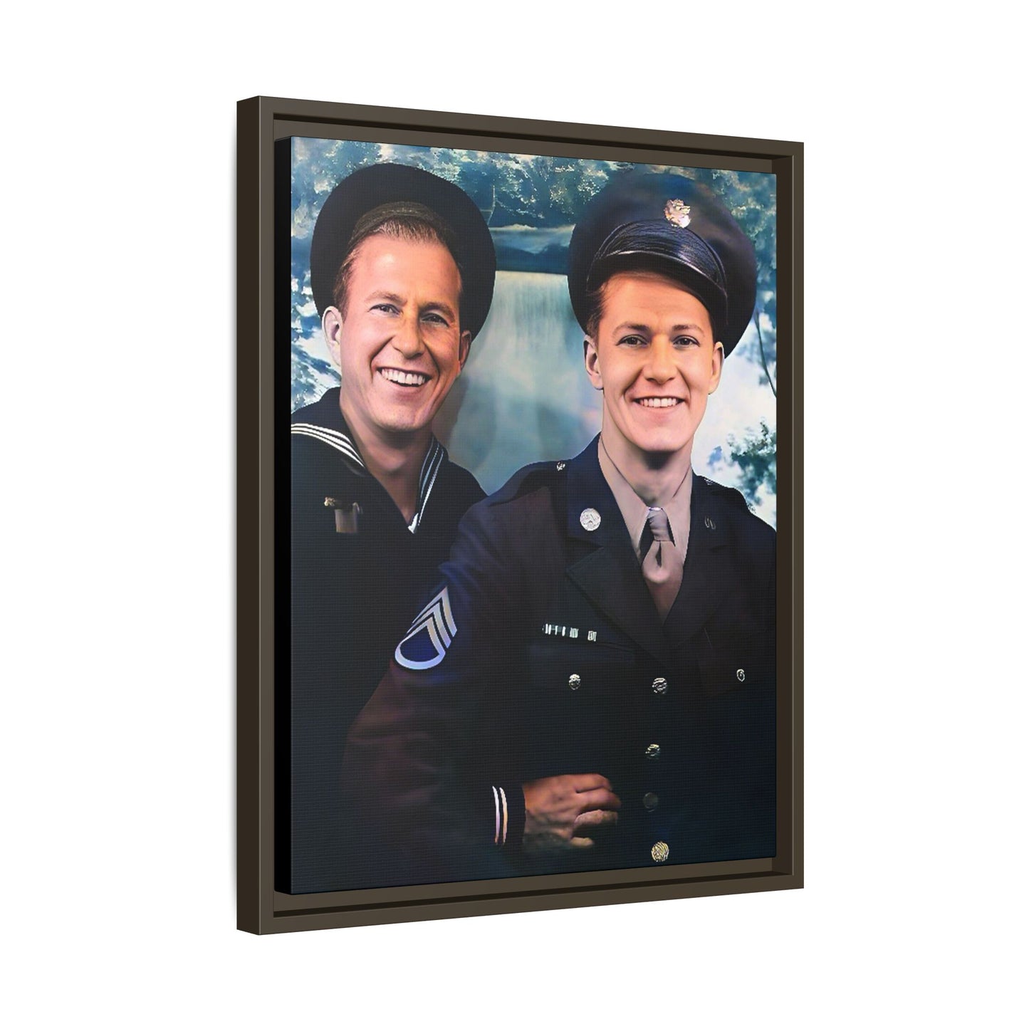 A framed vintage military portrait on matte canvas featuring a sailor and a soldier in Scapa Flow, Scotland, symbolizing service and camaraderie. Gay Couple