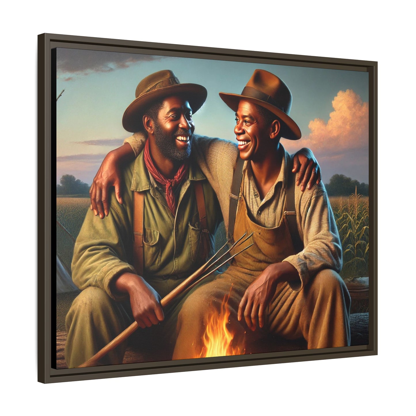 Artwork of an older African-American queer couple sharing a warm, joyful moment by a campfire in rural Iowa. Set against vast fields and an open sky, the scene captures love, resilience, and the nostalgic beauty of Americana, with firelight illuminating their laughter and companionship