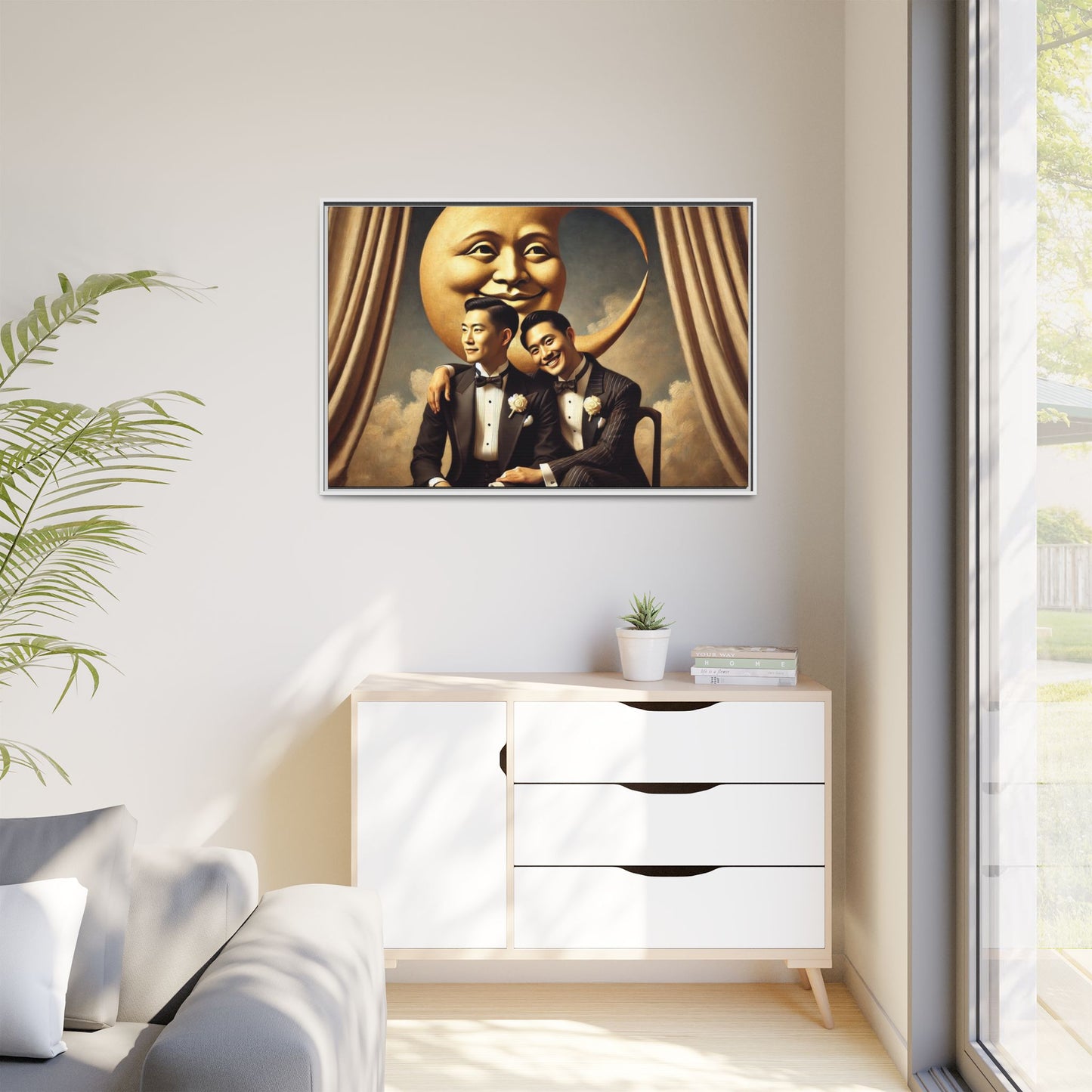 Vintage-inspired artwork of a romantic gay Asian couple in tuxedos sitting affectionately beneath a smiling crescent moon prop, surrounded by vintage stage curtains and dreamy clouds. A reclaimed queer narrative from the Man In The Moon series.