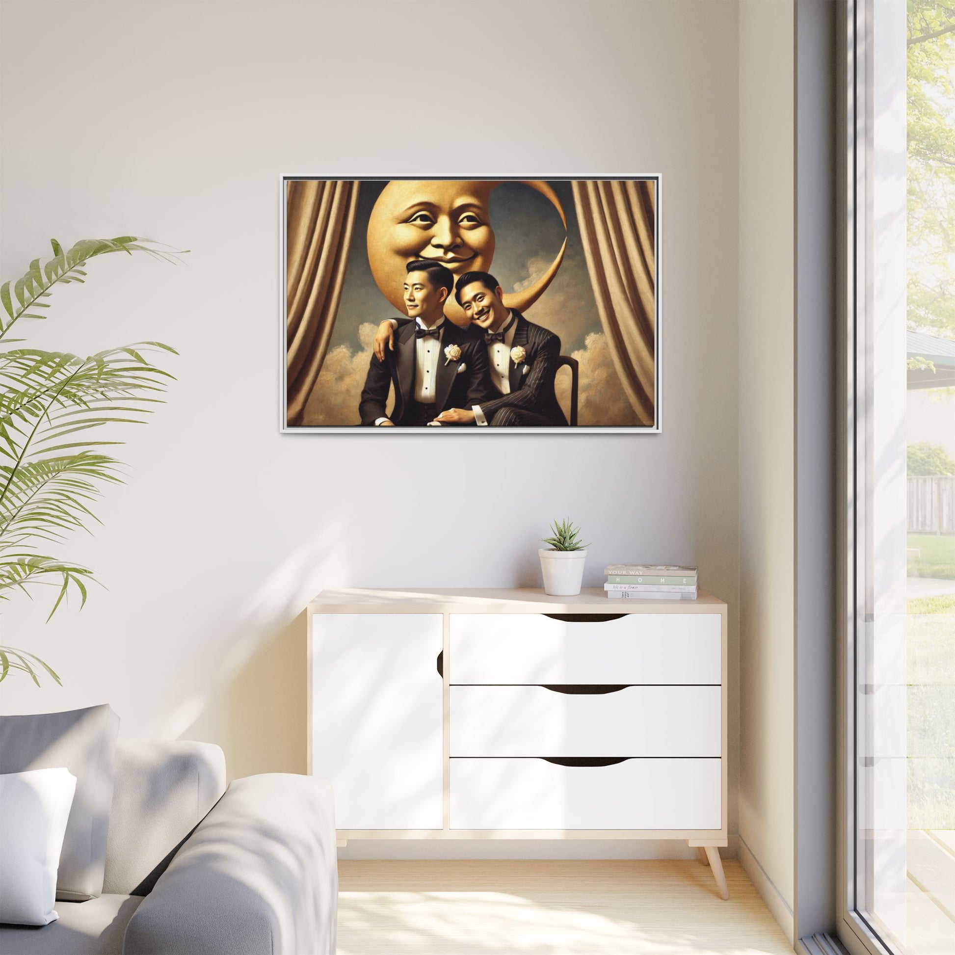 Vintage-inspired artwork of a romantic gay Asian couple in tuxedos sitting affectionately beneath a smiling crescent moon prop, surrounded by vintage stage curtains and dreamy clouds. A reclaimed queer narrative from the Man In The Moon series.