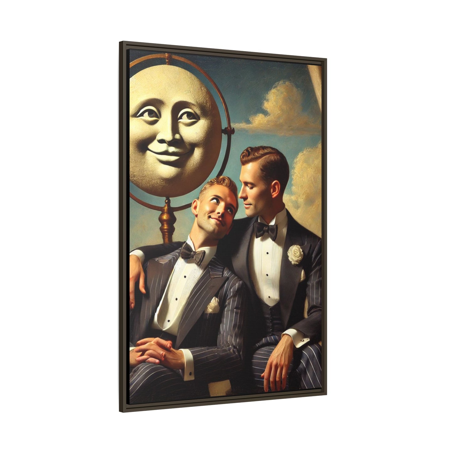 Framed matte canvas portrait featuring two young men in vintage overalls with a crescent moon prop above them. This artwork from the Missing Art Studies series reclaims LGBTQ+ imagery that may have been lost to bias, presenting warmth, intimacy, and presence.