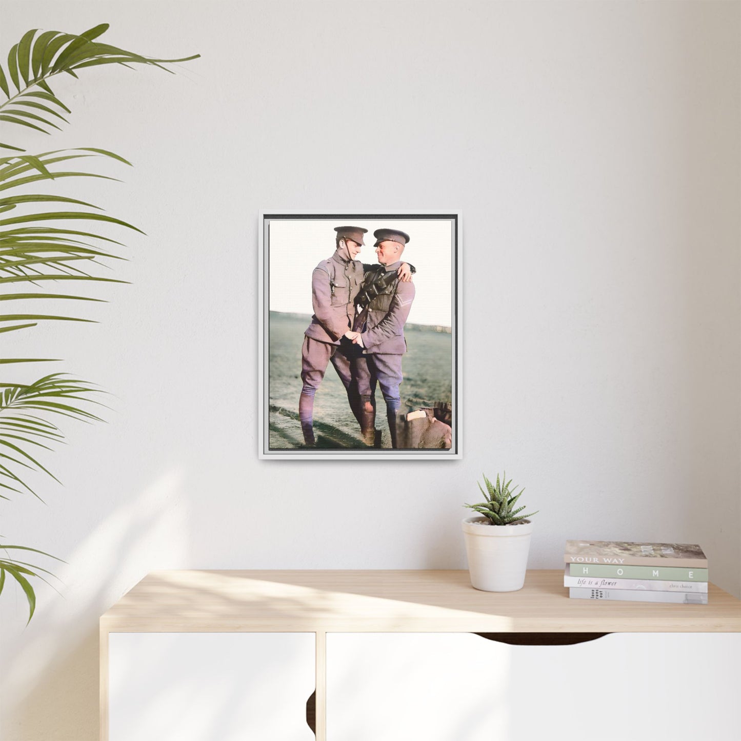 A restored vintage military portrait of Lee & Clifford, soldiers in the Battle of Amiens. This framed matte canvas honors LGBTQ+ history, resilience, and love in wartime.
