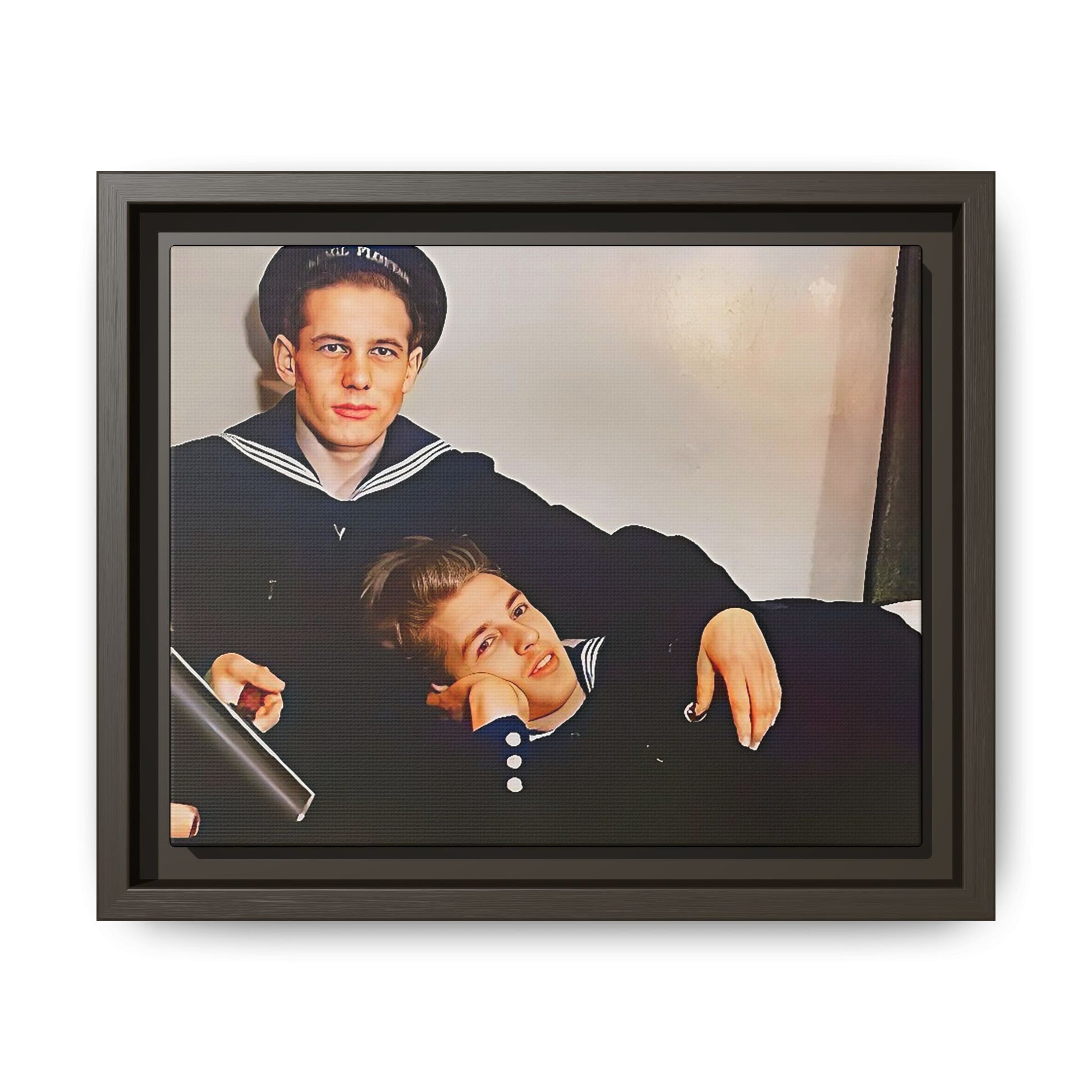 Framed vintage gay sailor portrait of Dmitriy and Mischa in navy uniforms, Sochi, Russia