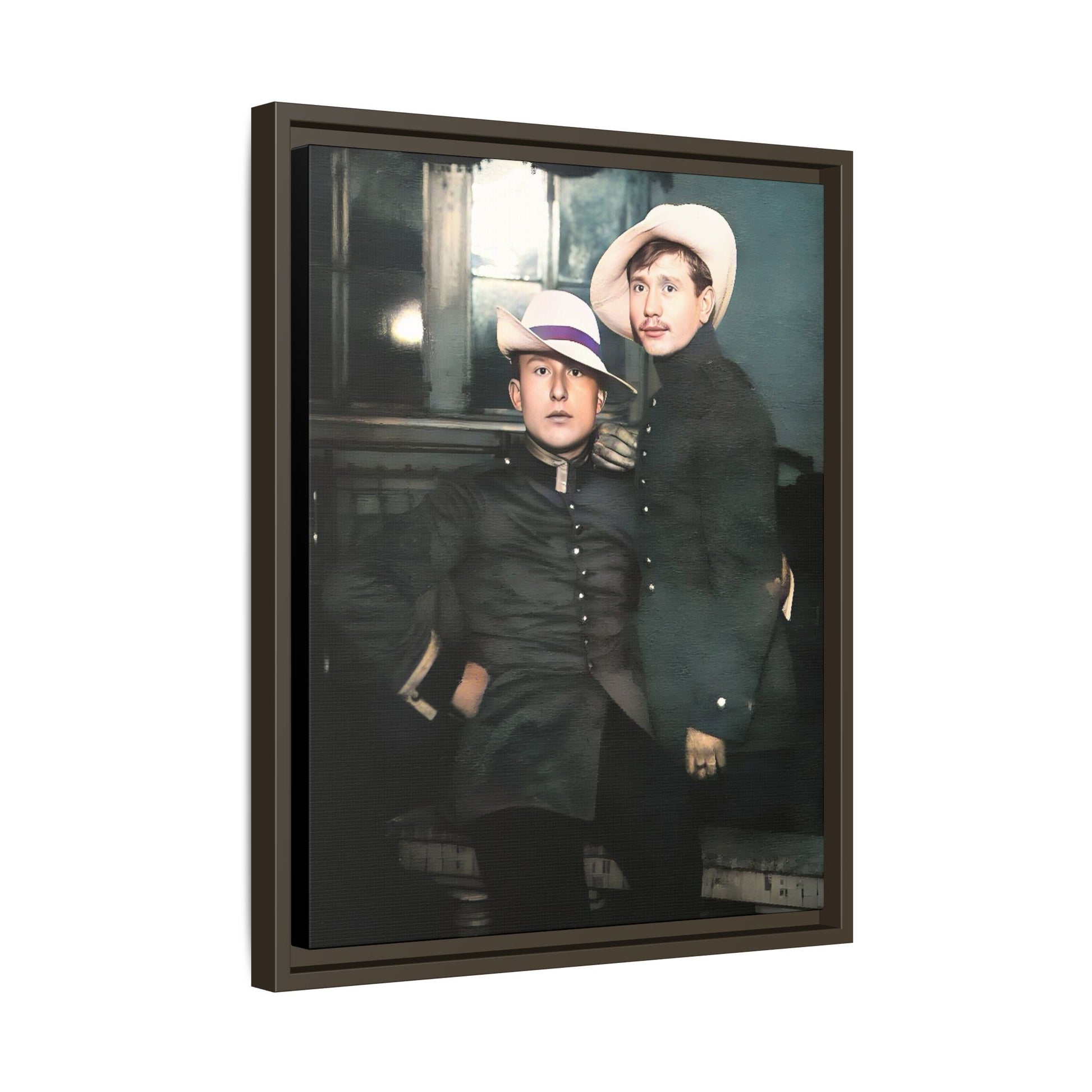 Restored vintage photograph of Flavio and Eustolio, an early 20th-century Gay military couple from El Paso, Texas. Displayed as a framed matte canvas print, showcasing timeless love and resilience