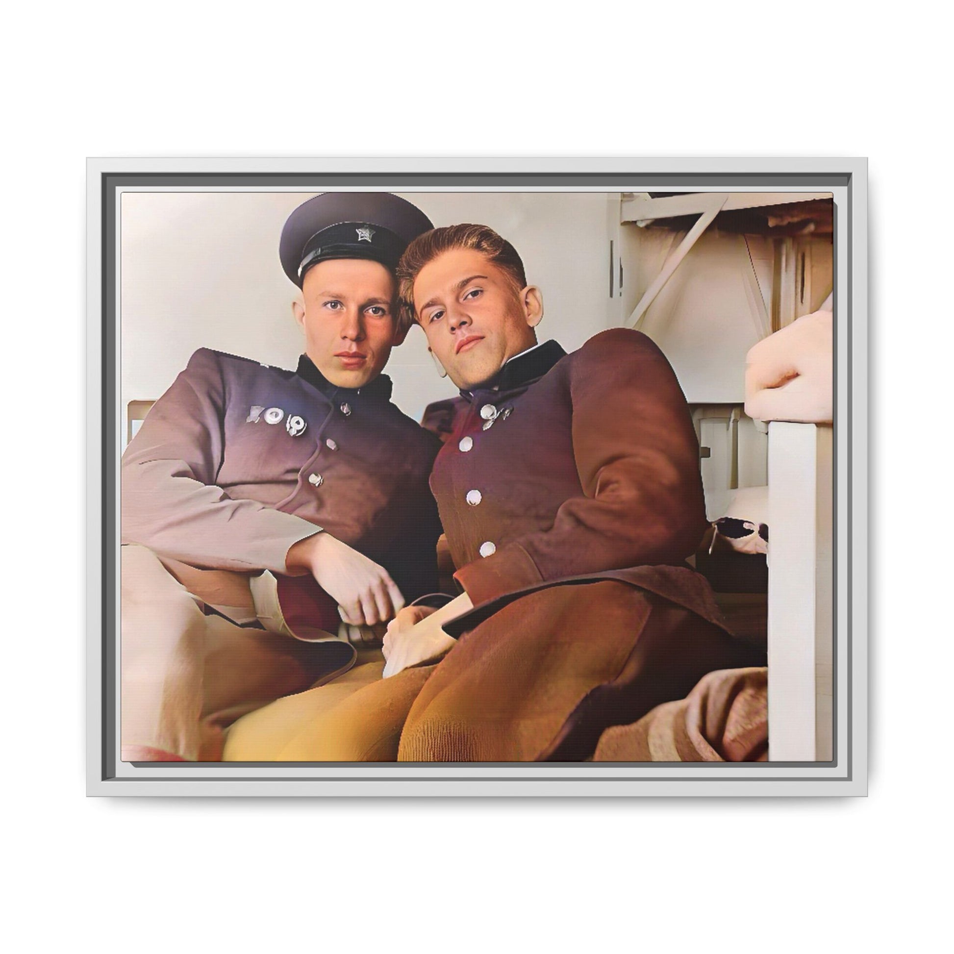 A restored vintage photograph of two Russian soldiers in uniform, seated together in their quarters in Volgograd, Russia. Their relaxed postures and warm expressions capture a moment of camaraderie, resilience, and military history. A powerful tribute to LGBTQ+ representation in the armed forces. Gay Couple Винтажное фото  гей-пара