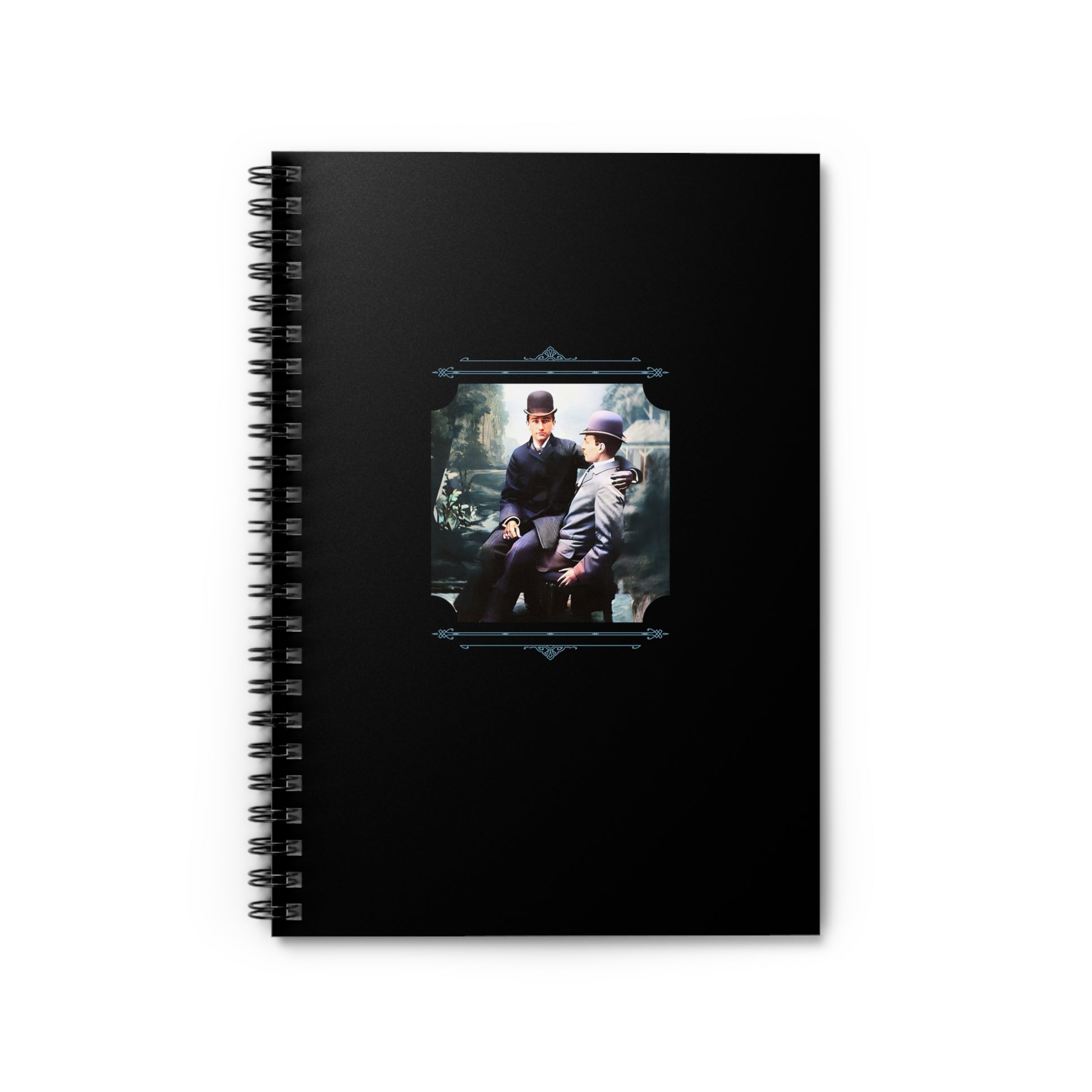 Spiral notebook featuring a colorized vintage photo of a gay couple from Dublin in a 19th-century studio portrait.