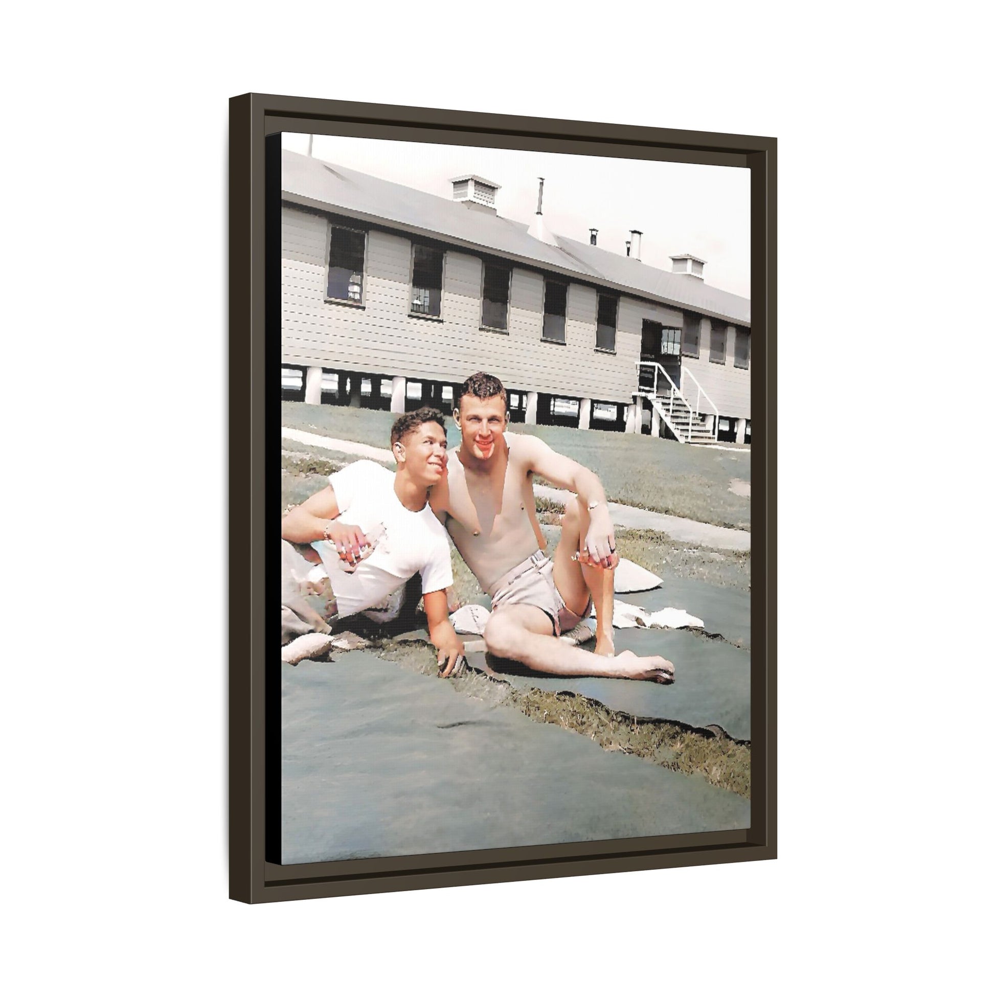 A framed vintage military portrait on matte canvas featuring Wayne and Jerry at Camp Blanding, Florida, capturing a timeless LGBTQ+ connection and companionship.
Gay Couple