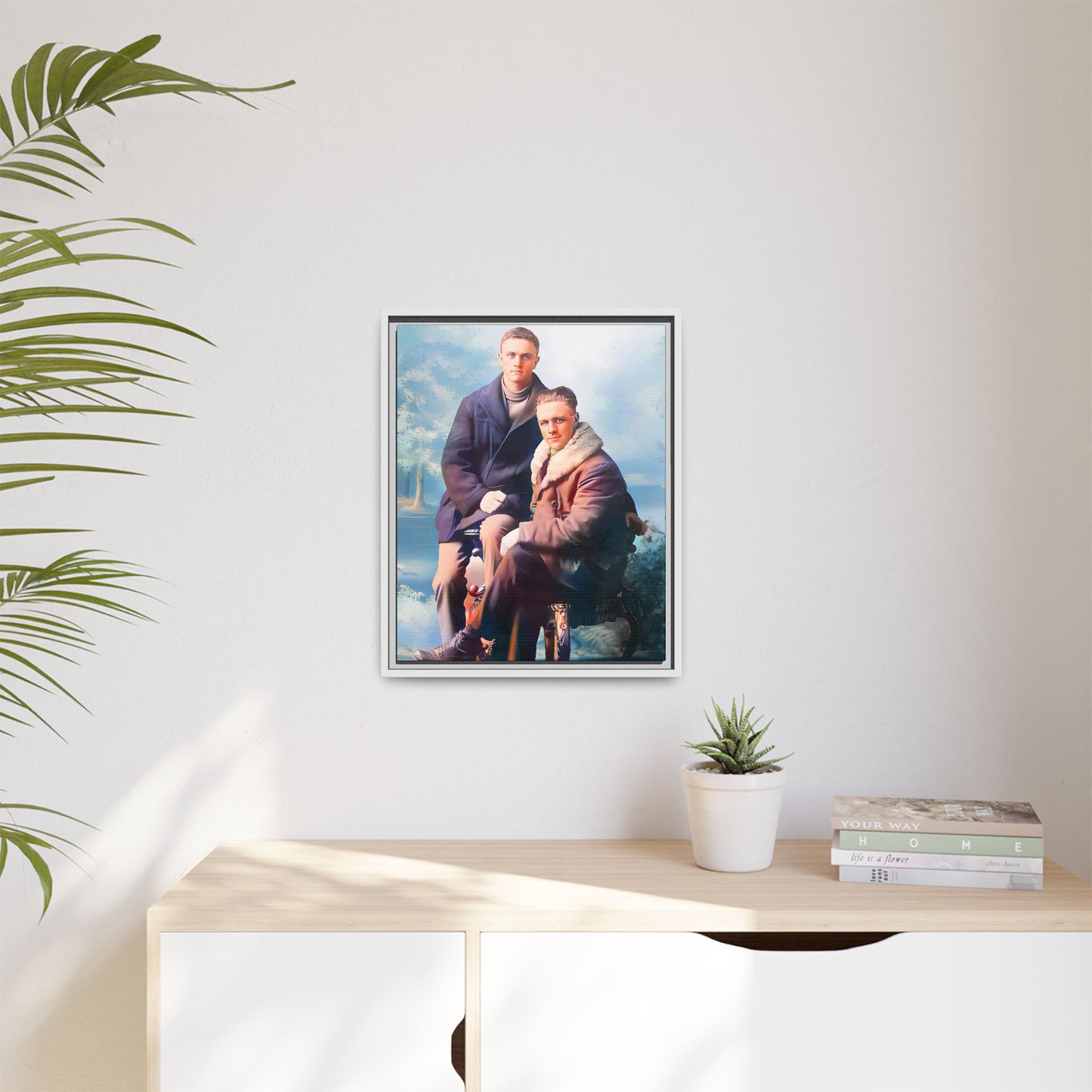 Restored vintage photograph of David and Sam, a gay couple in winter attire from early 20th century Yakima, Washington. Framed matte canvas print showcasing love, resilience, and Gay  history.