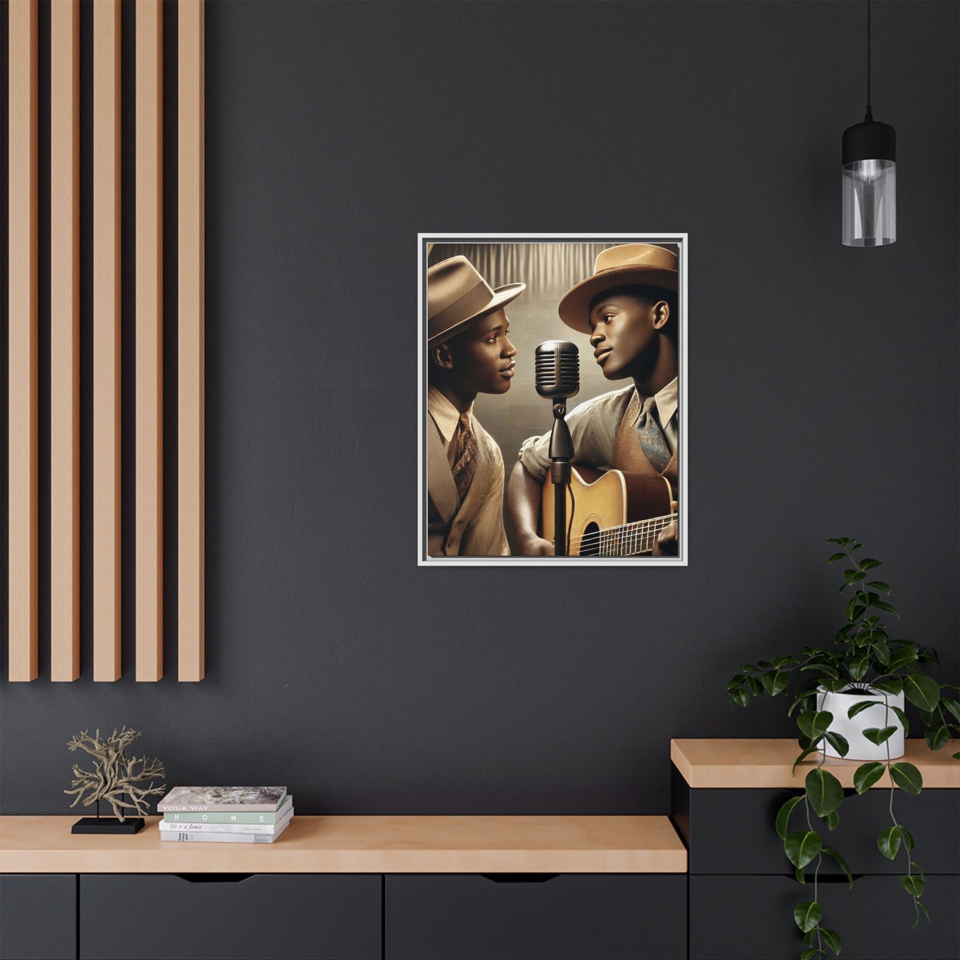 Artwork of an African-American gay couple recording a song in a 1930s-style studio. Dressed in vintage attire with fedoras and ties, they share a close, tender moment around a classic microphone, capturing love, music, and cultural heritage in a nostalgic setting