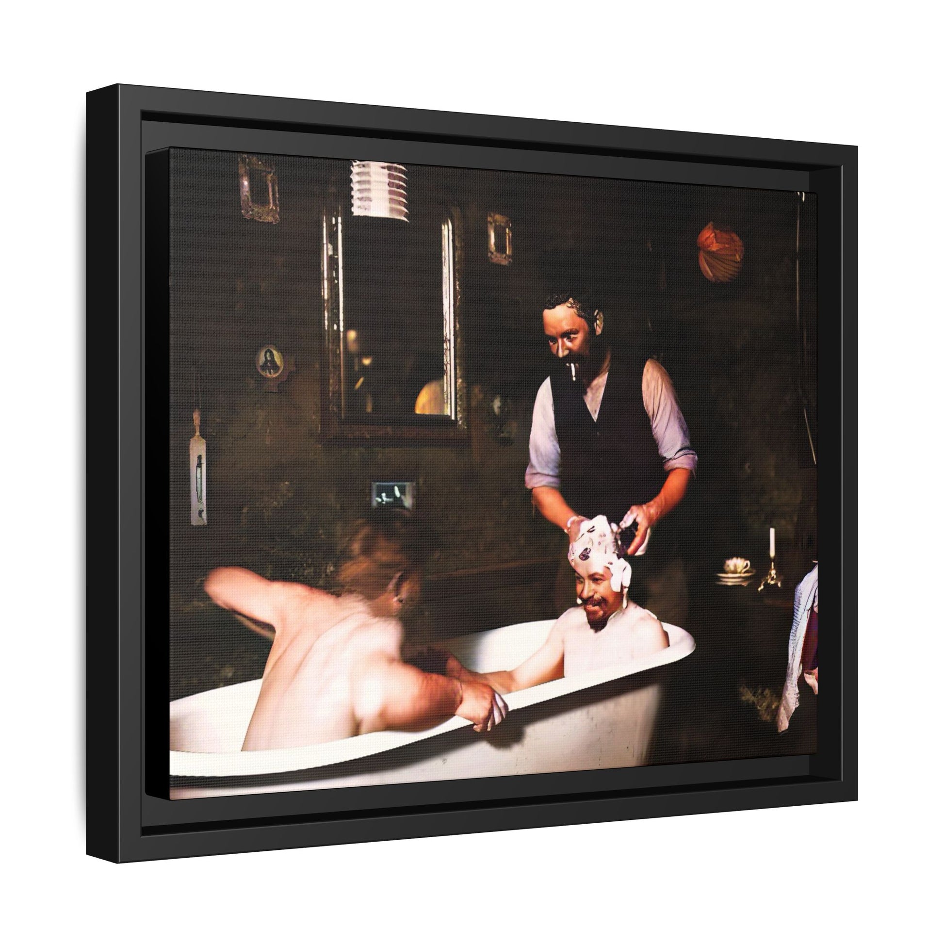 Restored vintage photo of camaraderie at Walsh Depot, Battle Mountain, NV, featuring a clawfoot tub, and framed canvas art. Naked Men in the bathtub. Gay Bears