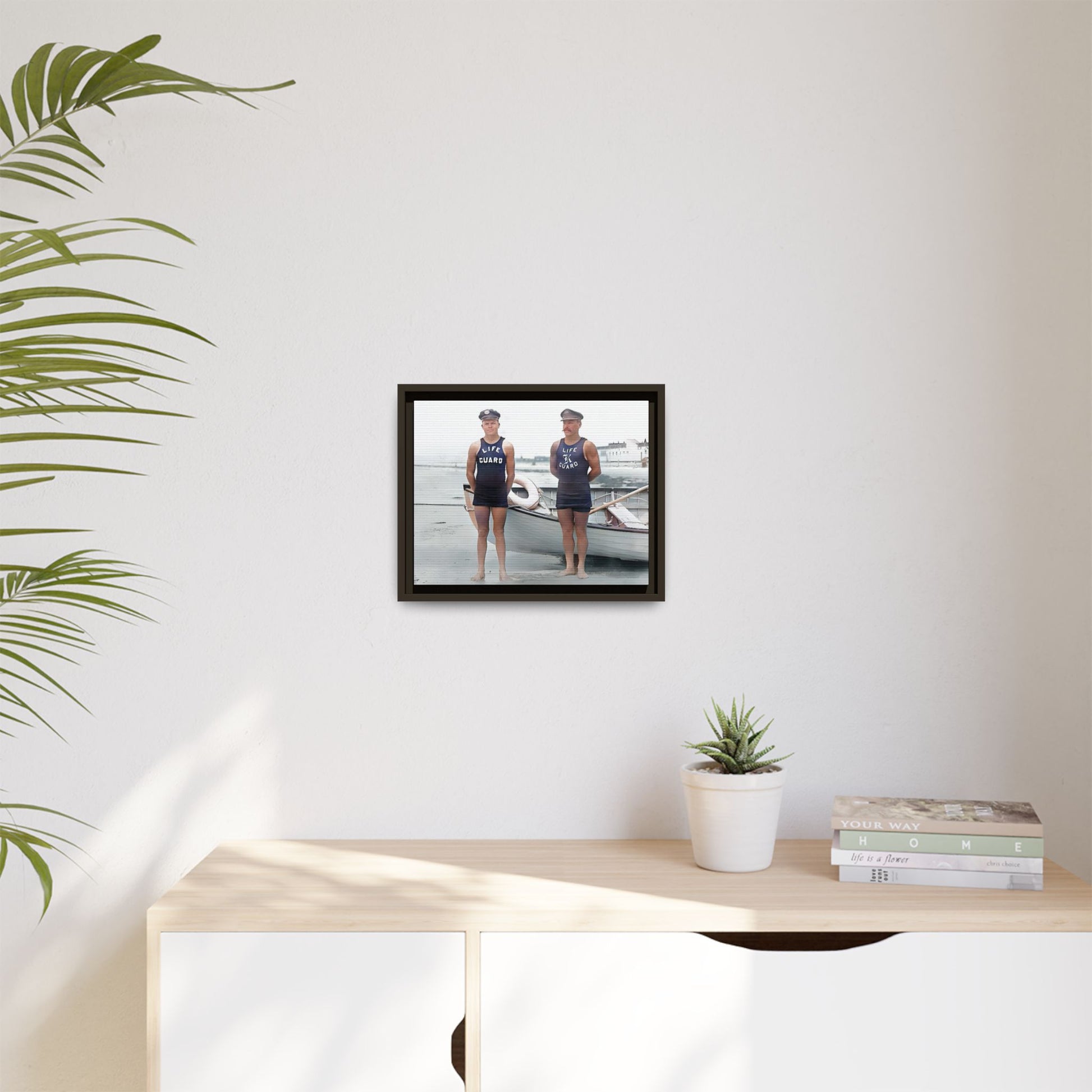 A nostalgic framed canvas print of vintage lifeguards in Cape May, NJ. This coastal artwork captures the charm of early 20th-century beach life, making it perfect for lovers of maritime history, seaside decor, and Americana enthusiasts.