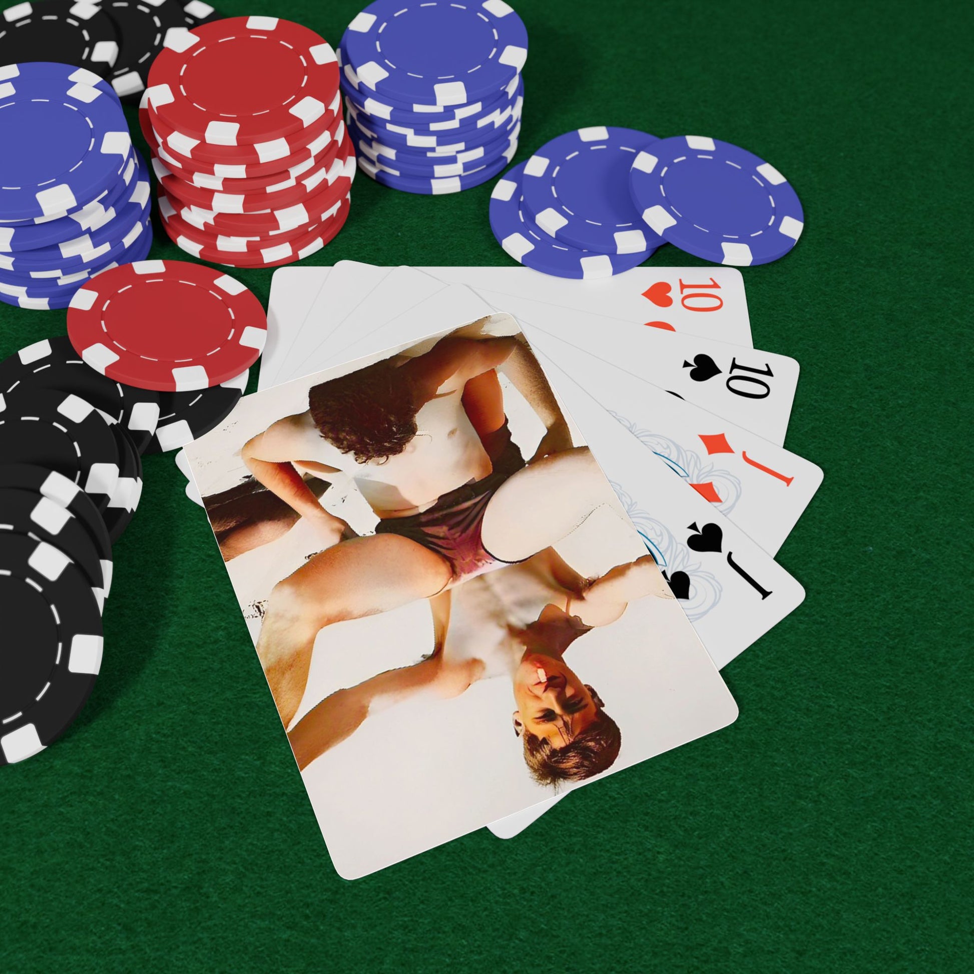 Vintage poker cards featuring a restored beach photo of two young men in playful camaraderie, honoring LGBTQ+ history.