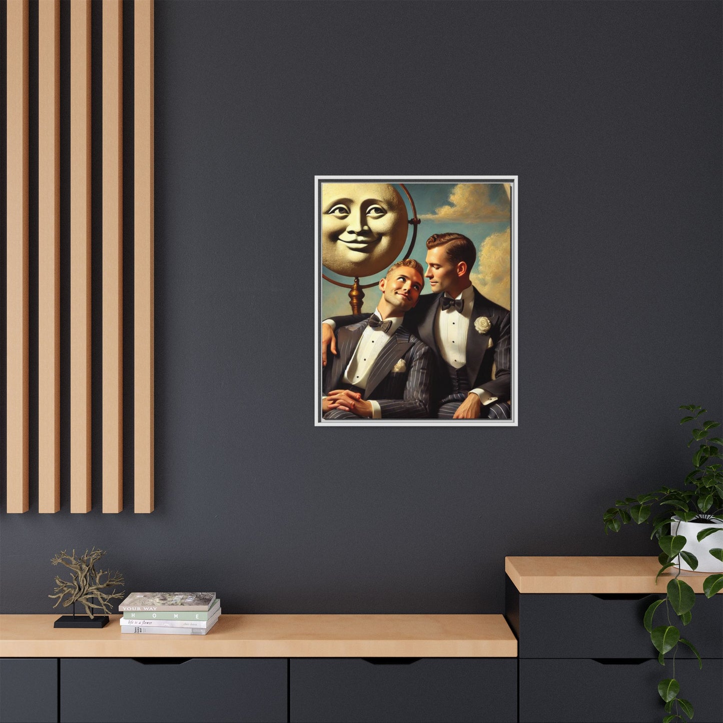 Framed matte canvas portrait featuring two young men in vintage overalls with a crescent moon prop above them. This artwork from the Missing Art Studies series reclaims LGBTQ+ imagery that may have been lost to bias, presenting warmth, intimacy, and presence.
