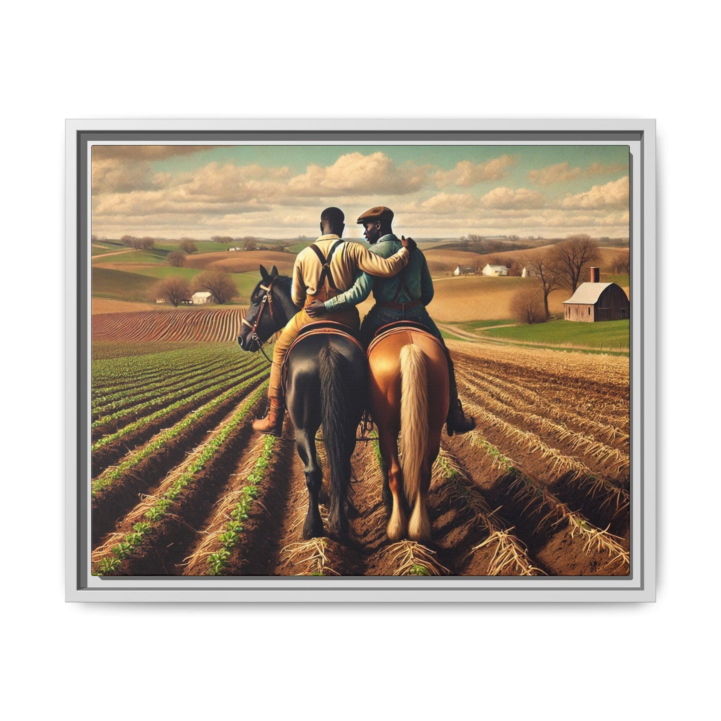 Artwork of an African-American gay couple riding horseback through expansive farmland, sharing a tender moment as they overlook lush fields. Dressed in rugged vintage attire, this scene captures resilience, love, and the charm of rural life, celebrating LGBTQ+ history and African-American heritage.