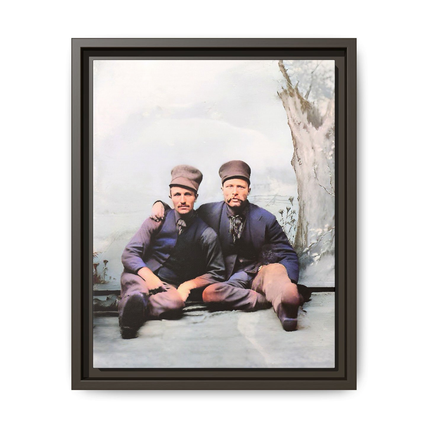 A restored vintage portrait of Stig & Sven, a Dutch American couple in Orange City, Iowa. This framed matte canvas honors LGBTQ+ history, resilience, and love in a winter setting. Gay Couple