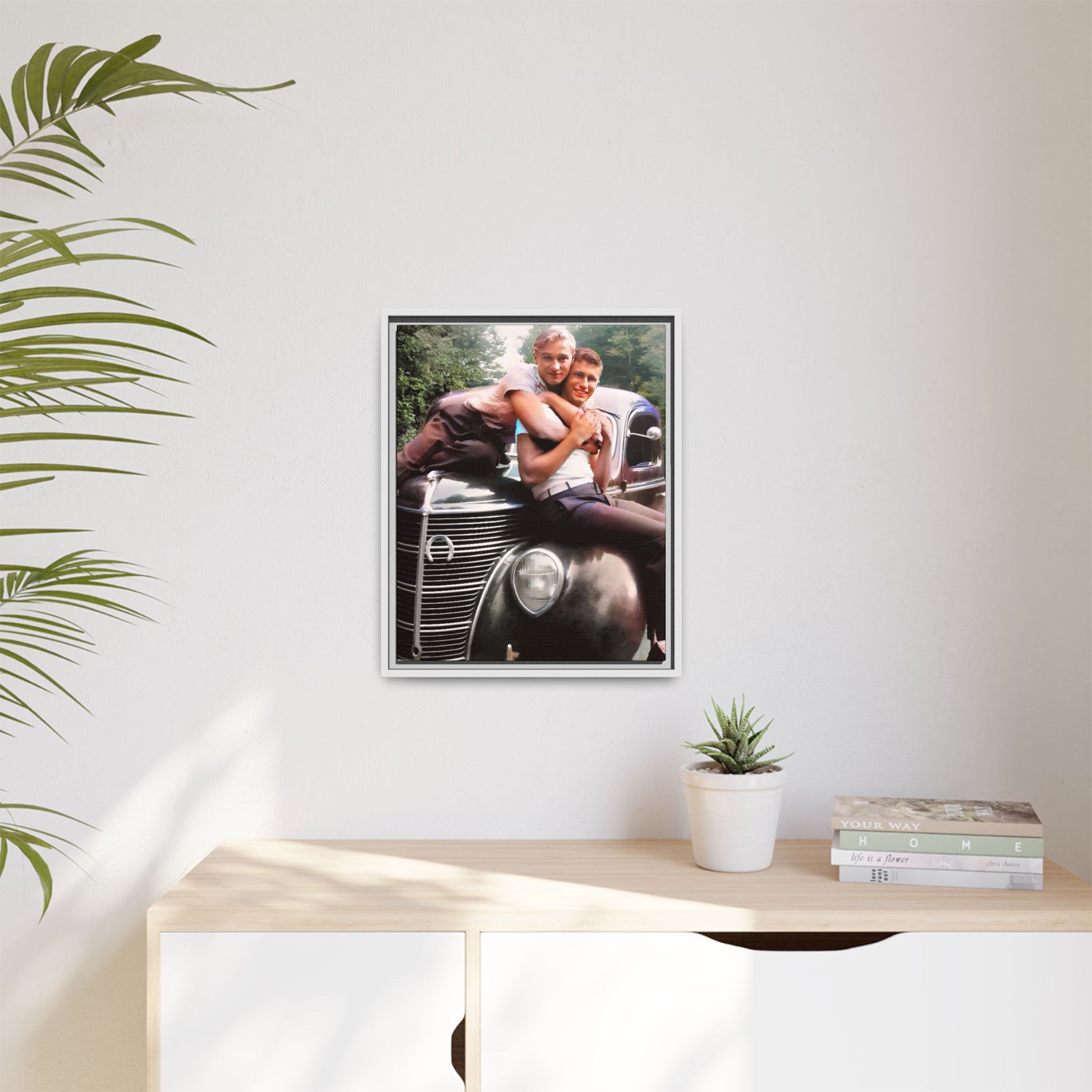 Vintage LGBTQ+ love portrait of Kent & Jamie in Watkins Glen, NY. A nostalgic moment on a classic car, now a museum-quality matte canvas print with handcrafted frame options. Perfect for collectors and those celebrating LGBTQ+ history. Gay Couple