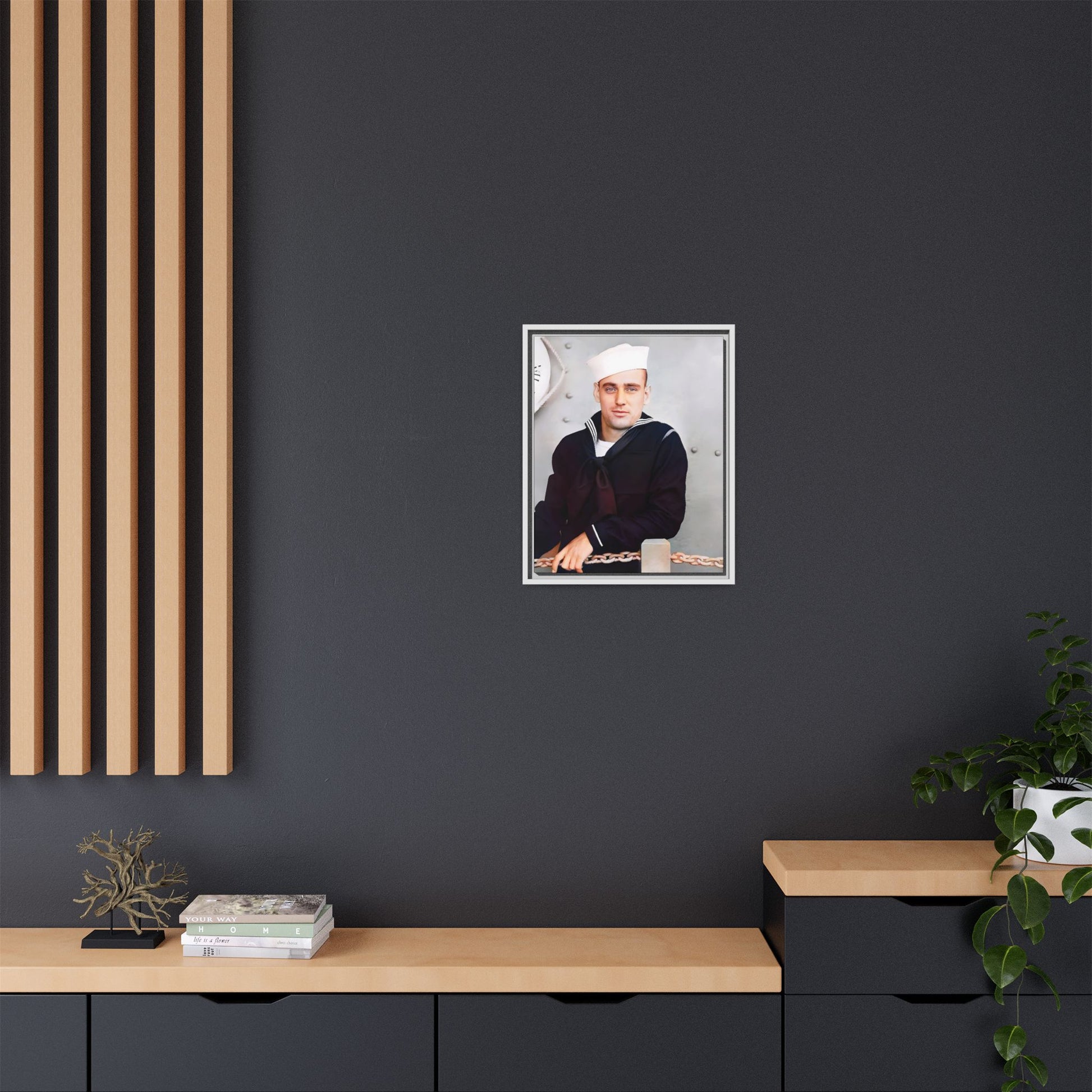 A restored vintage portrait of Francis aboard the USS Might. This framed matte canvas captures naval history, service, and timeless duty.