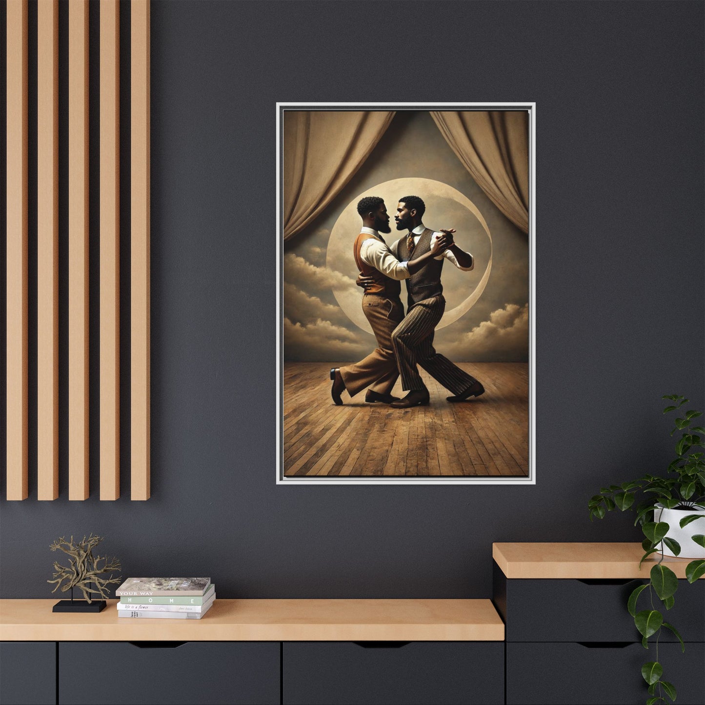 Original artwork of two Black men ballroom dancing in vintage 1920s suits under a glowing moon backdrop. A romantic and powerful tribute to queer love and Black history that reclaims moments lost to systemic bias and cultural erasure.