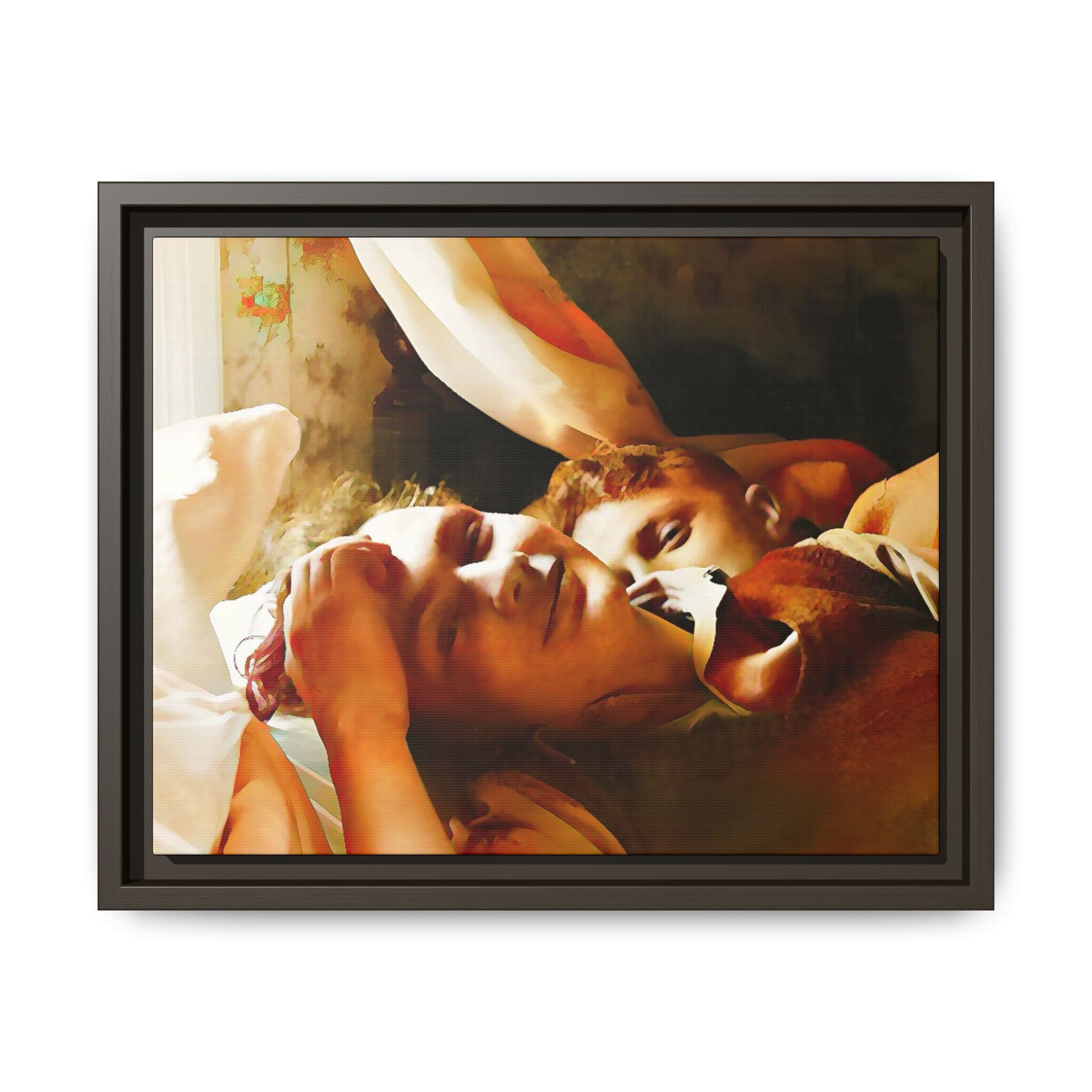 A heartwarming vintage portrait of Edwin and Floyd in Burlington, Vermont. This framed canvas print captures a quiet moment of LGBTQ+ love and intimacy, perfect for home decor, collectors, or as a sentimental gift celebrating timeless affection.