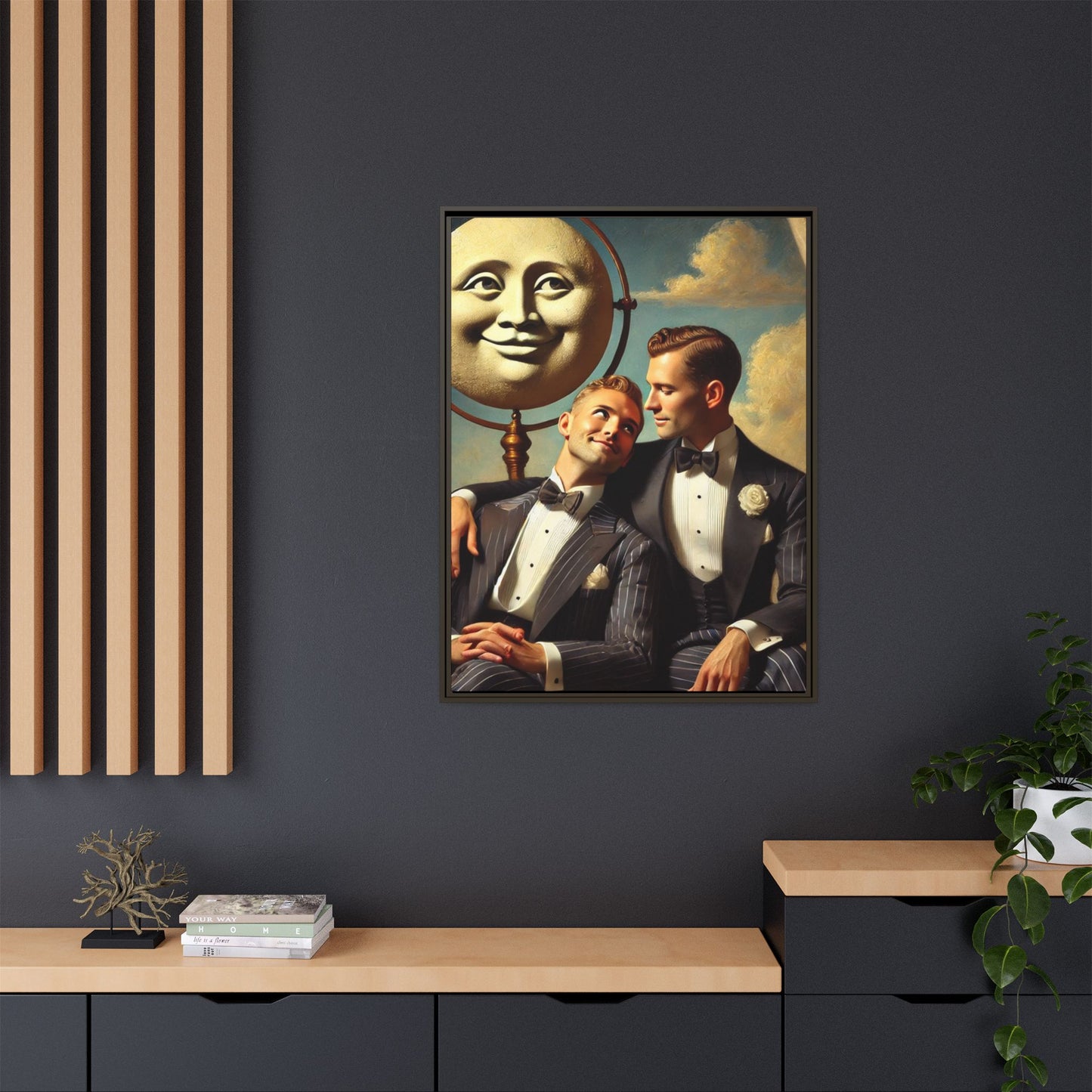 Framed matte canvas portrait featuring two young men in vintage overalls with a crescent moon prop above them. This artwork from the Missing Art Studies series reclaims LGBTQ+ imagery that may have been lost to bias, presenting warmth, intimacy, and presence.