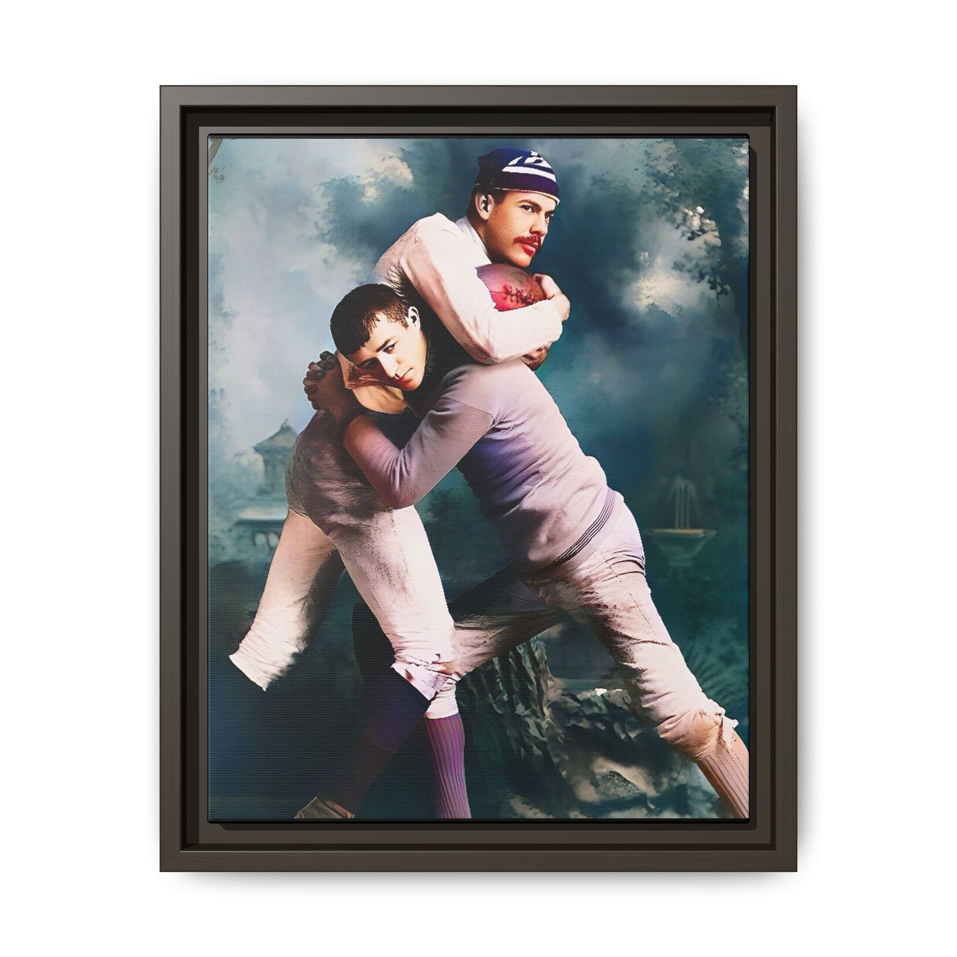A framed vintage sports portrait on matte canvas featuring Theodore and Patrick in Chapel Hill, North Carolina, capturing timeless strength, camaraderie, and connection.