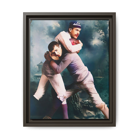 A framed vintage sports portrait on matte canvas featuring Theodore and Patrick in Chapel Hill, North Carolina, capturing timeless strength, camaraderie, and connection.