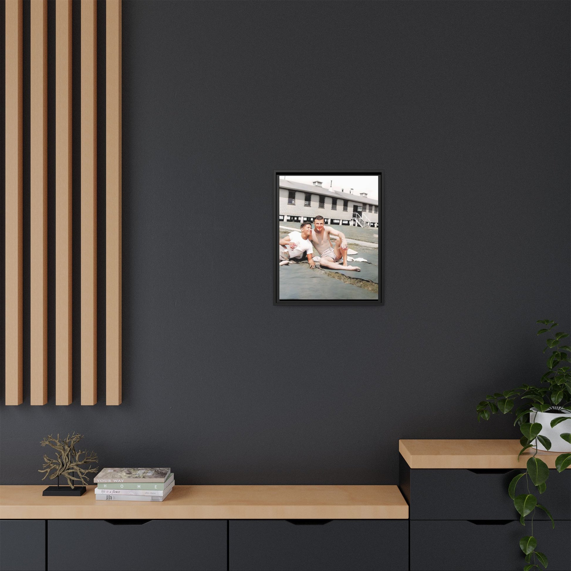 A framed vintage military portrait on matte canvas featuring Wayne and Jerry at Camp Blanding, Florida, capturing a timeless LGBTQ+ connection and companionship.
Gay Couple