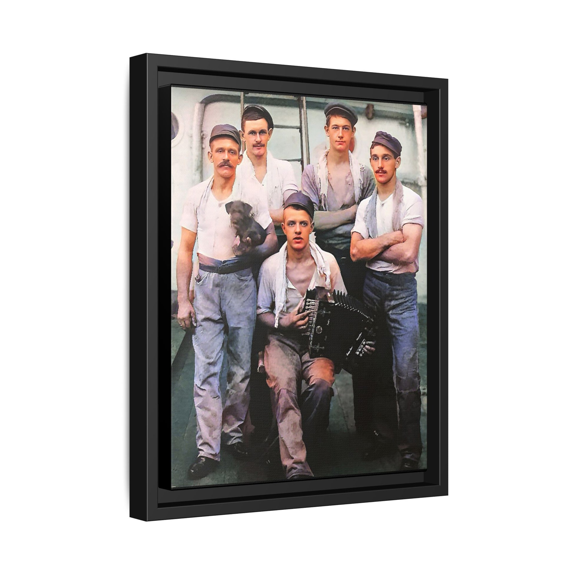 A vintage maritime photograph printed on matte canvas, featuring sailors aboard the Waimarino Cargo Ship, highlighting companionship, tradition, and the spirit of life at sea.
