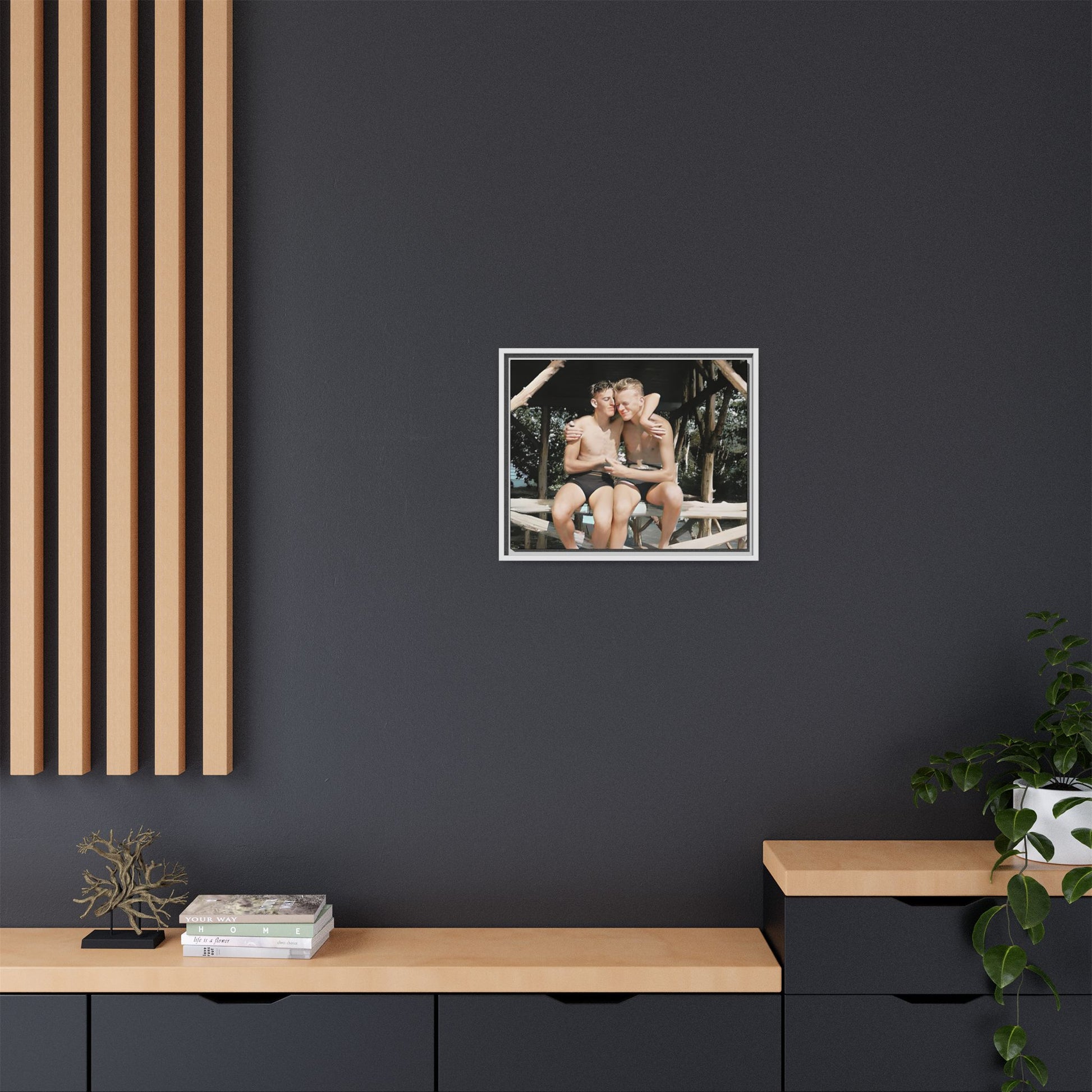 A vintage-inspired framed canvas print featuring Joseph and Billy at Kahena Beach, Hawaii. Their intimate moment under a sunlit pergola captures the warmth of love, freedom, and tropical serenity—perfect for coastal, LGBTQ+, and romantic home decor.